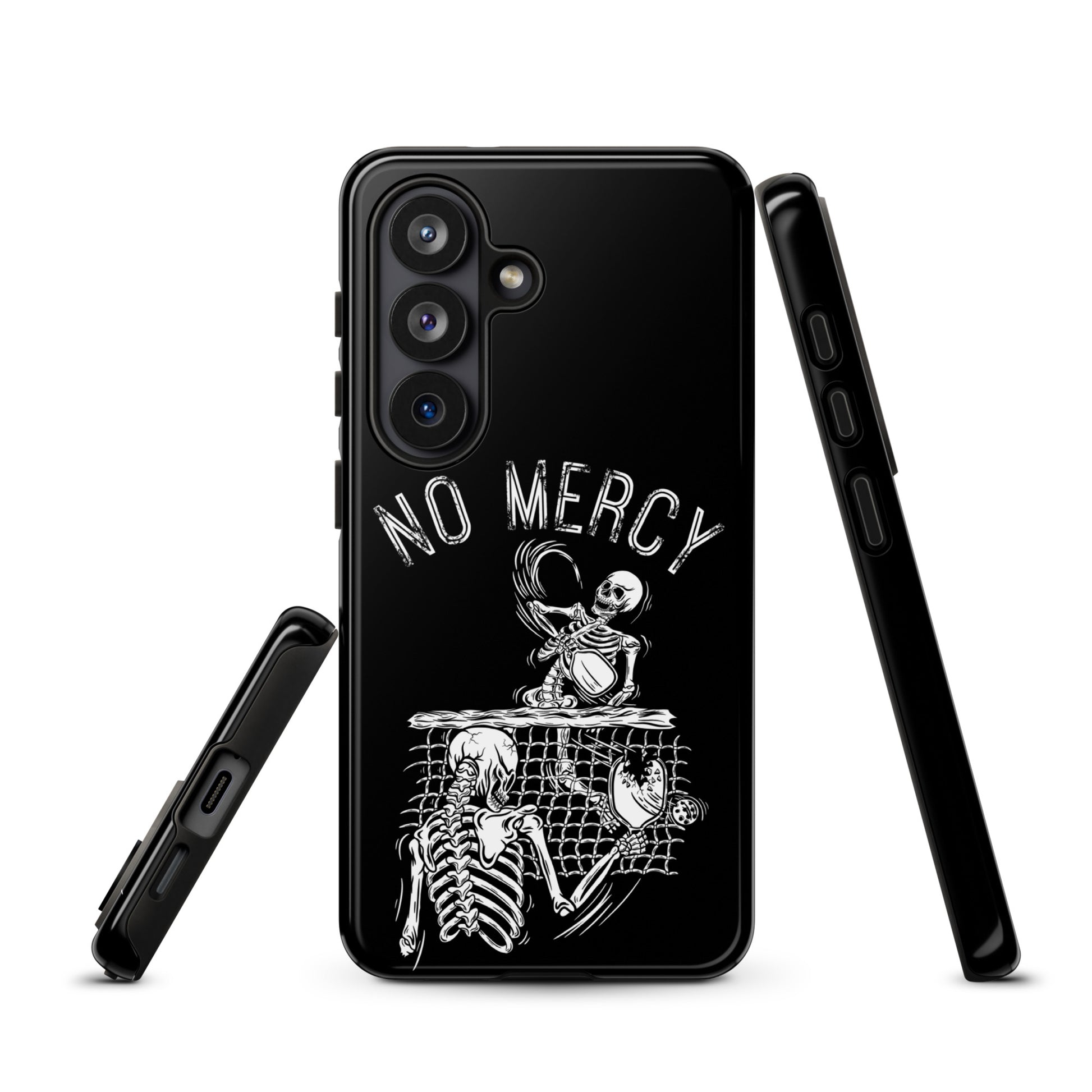 Pickleball Samsung Galaxy case with "No Mercy" skeleton design for intense players on the court.
