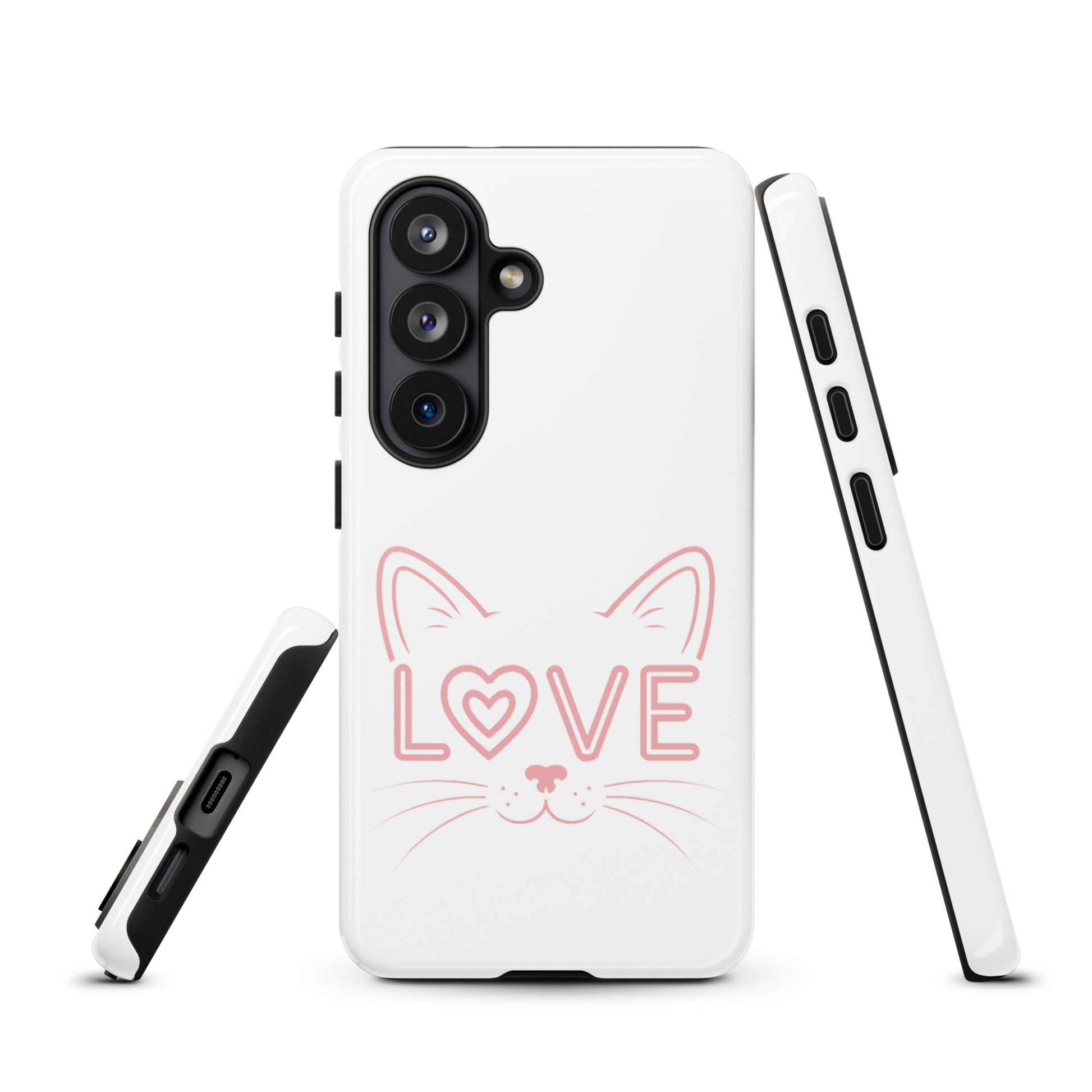 Cat Love phone case for Samsung Galaxy featuring minimalist cat face design with "love" word accent.