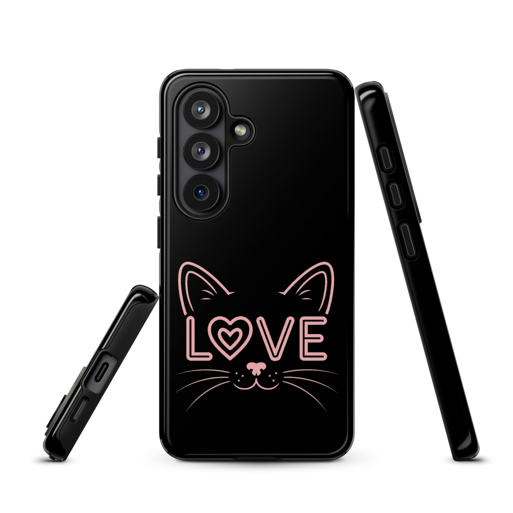 Cat Love phone case for Samsung Galaxy with minimalist cat face and 'love' design in pink.