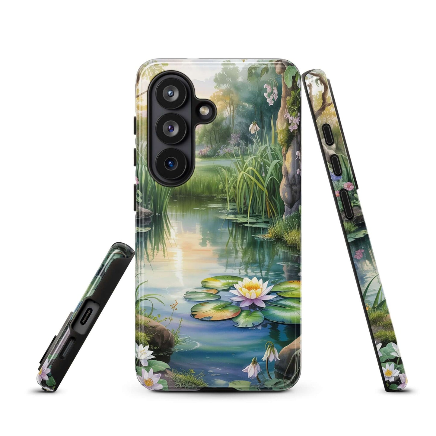 Phone Case for Samsung Galaxy with enchanted pond design featuring lily pads and wildflowers