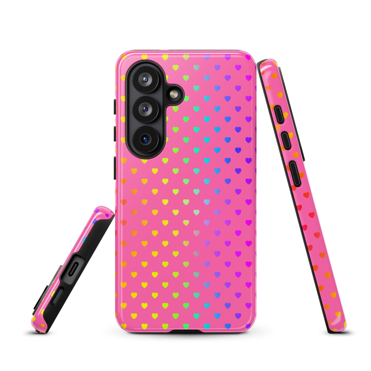 phone case for Samsung Galaxy with cute rainbow hearts on pink background