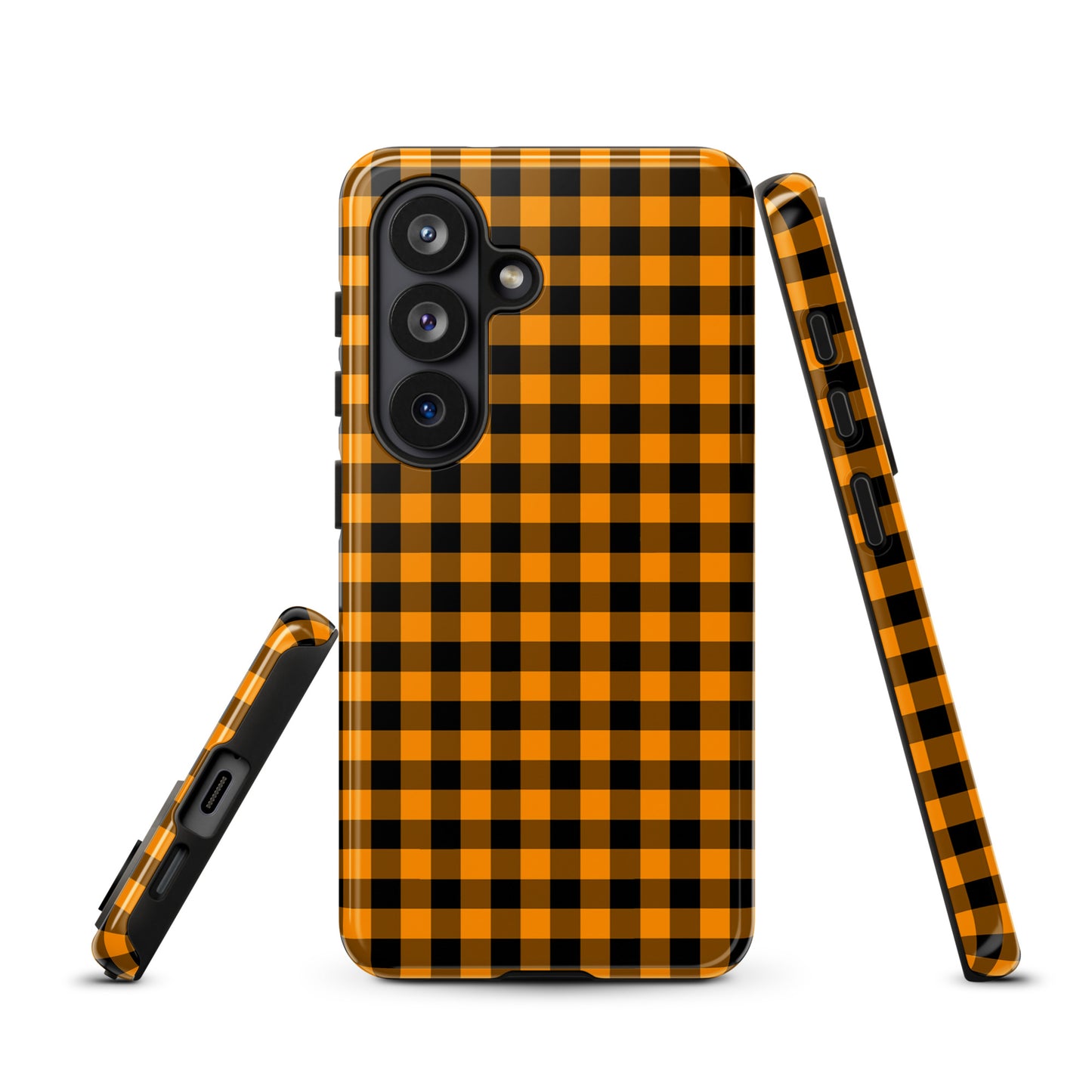 Black-and-orange gingham phone case for Samsung Galaxy with Autumn theme design.