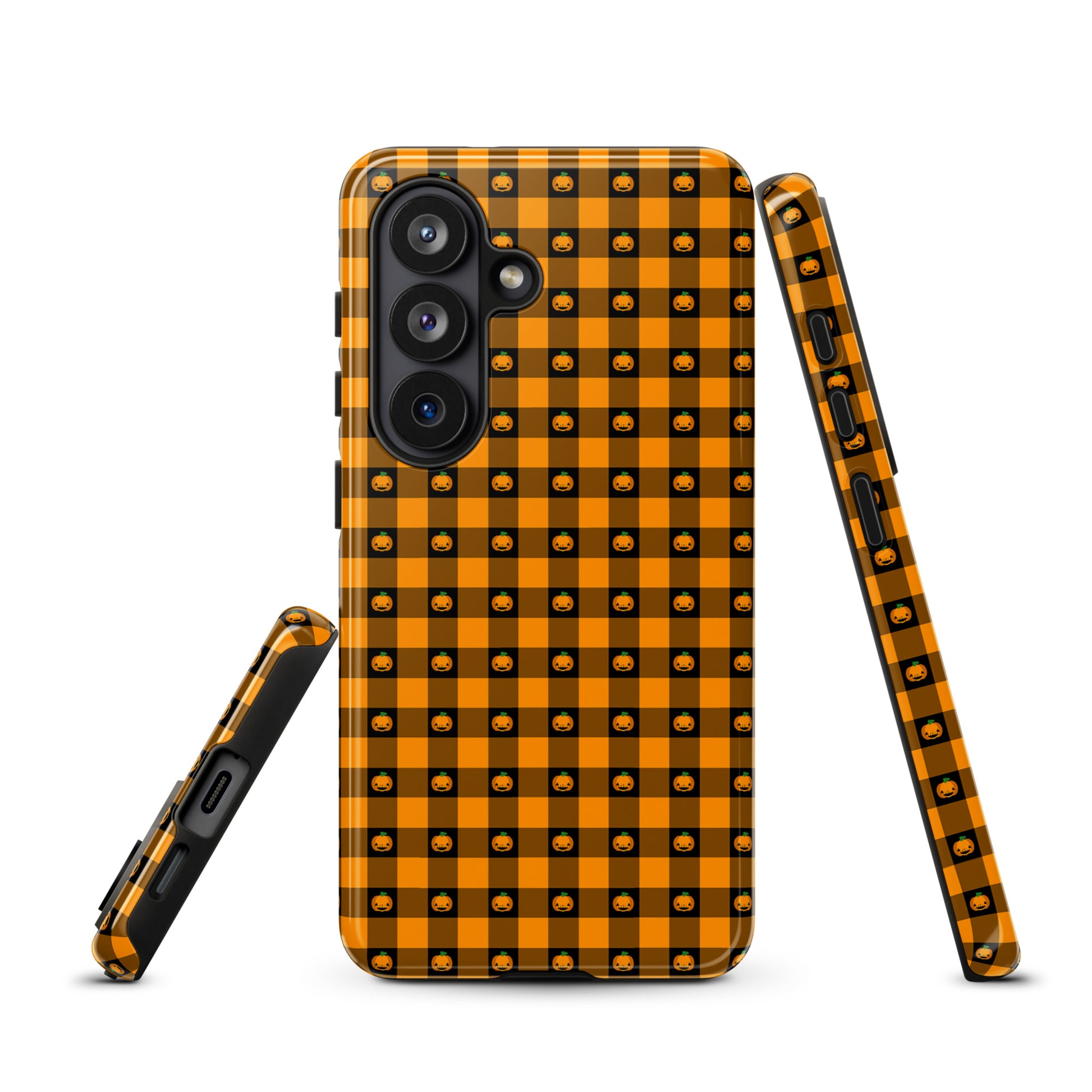 Phone Case for Samsung Galaxy with playful pumpkin gingham Halloween design, showcasing jack-o’-lantern faces for festive charm.