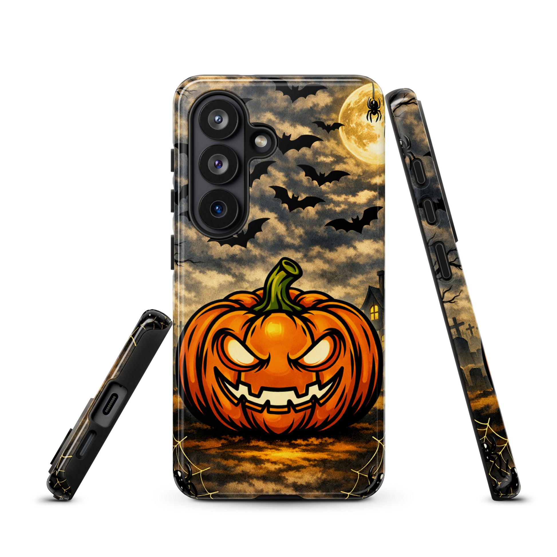 Phone Case for Samsung Galaxy with Halloween pumpkin, bats, moonlit clouds, and haunted house design, spooky October vibes.