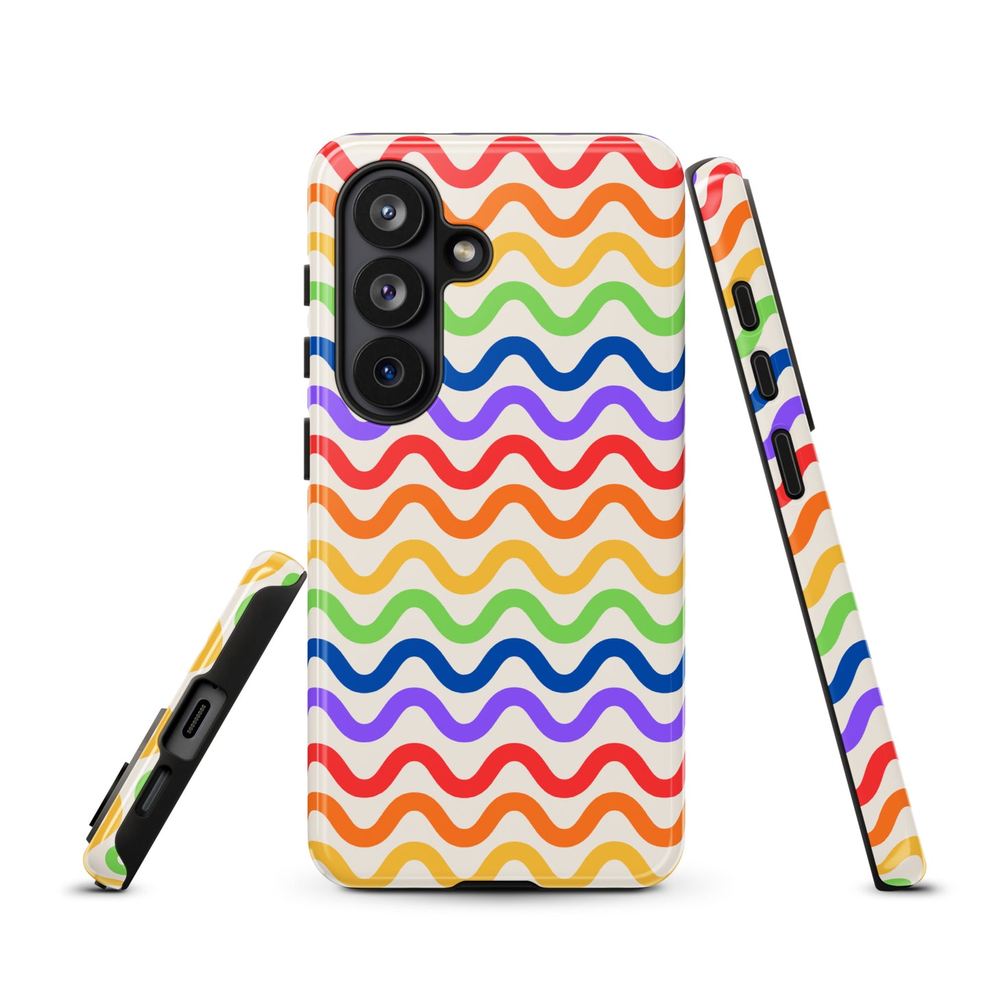 Phone Case for Samsung Galaxy with wavy rainbow design; colorful protective cover with grooves in purple, red, orange, yellow, green, blue.