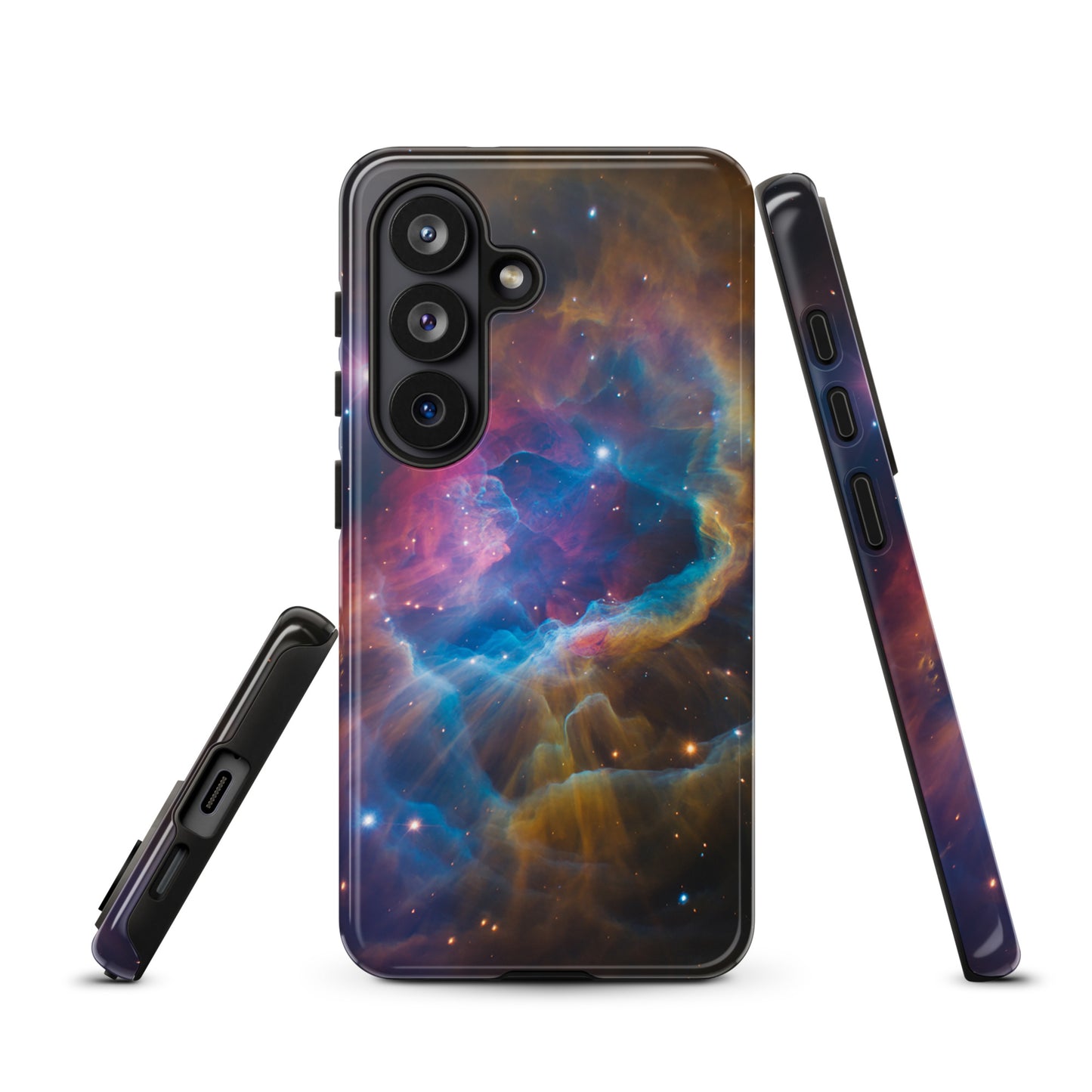 Phone Case for Samsung Galaxy featuring a nebula design with electric blues, fiery oranges, and dreamy pinks, cosmic starburst pattern.