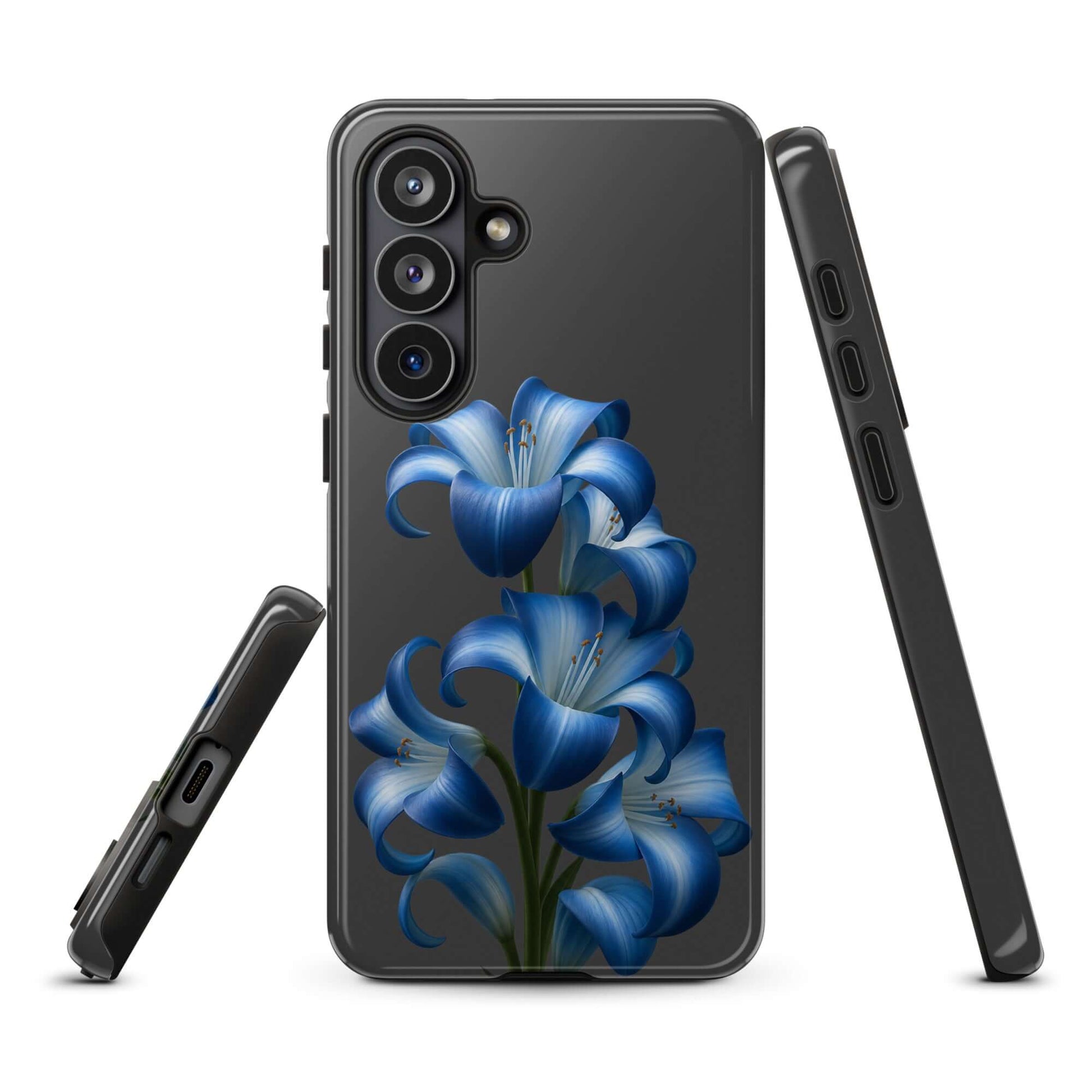Phone Case for Samsung Galaxy with Blue Lily Bloom Art on a sleek black background, showcasing vibrant floral design.