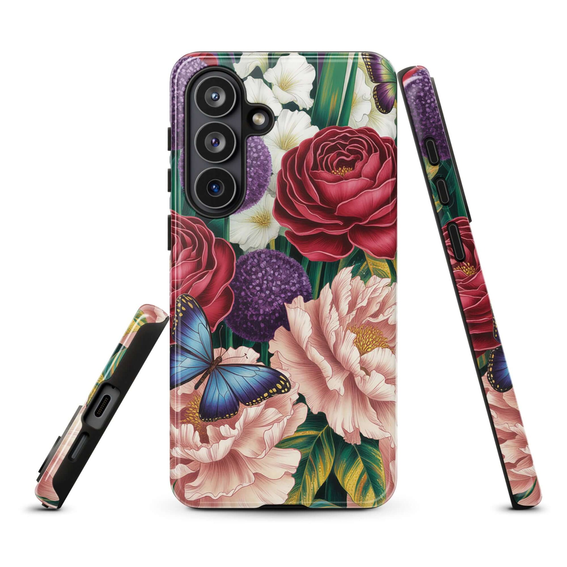Phone Case for Samsung Galaxy with crimson roses, pink peonies, purple alliums, and blue butterflies in a botanical garden design.