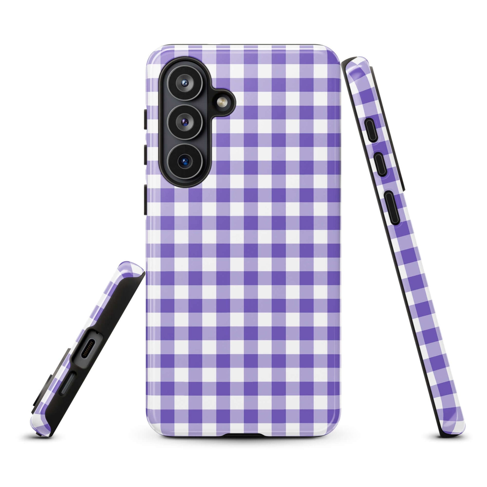 Phone case for Samsung Galaxy with purple gingham pattern, stylish and durable design.