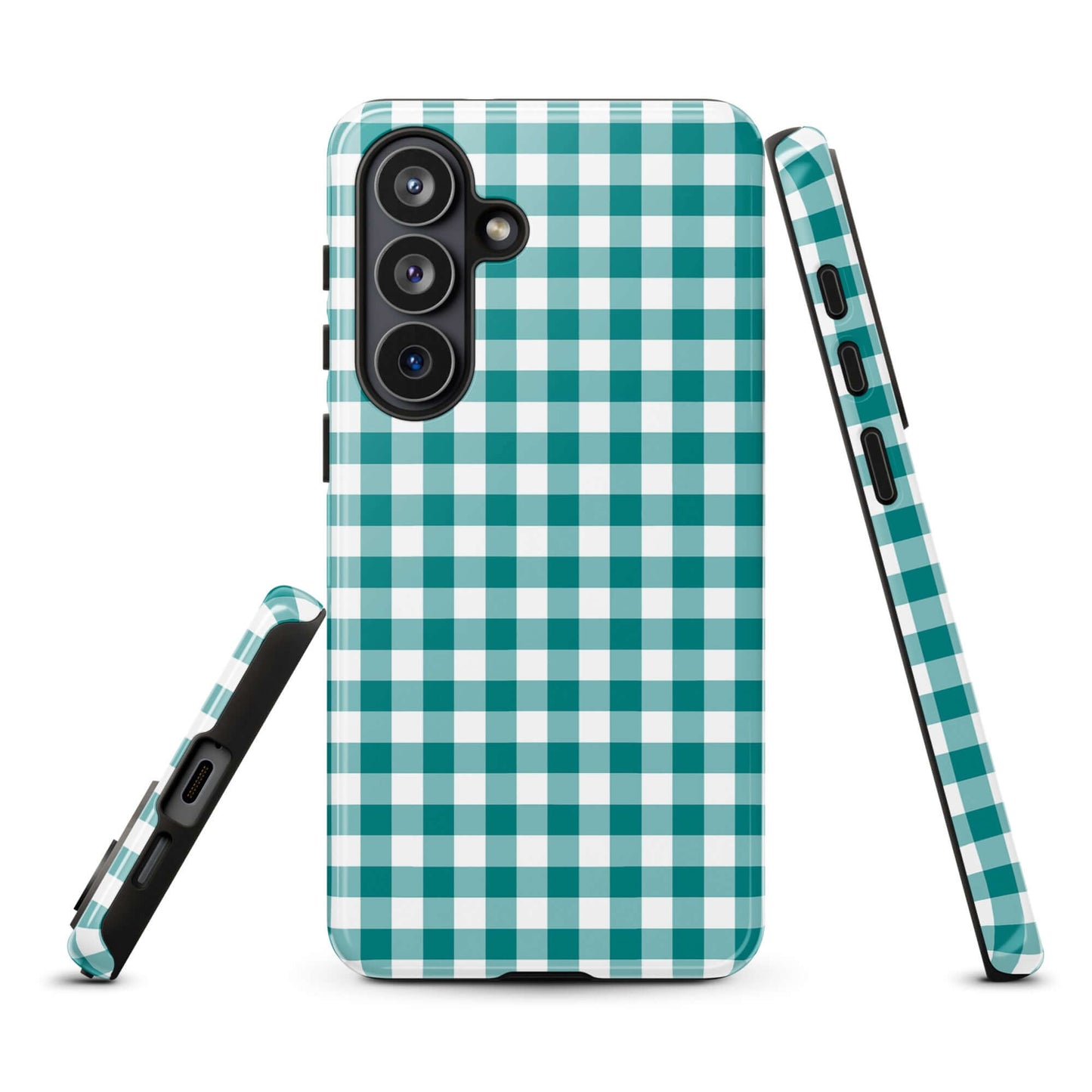 Phone Case for Samsung Galaxy with teal and white gingham pattern, stylish and protective design, perfect accessory.
