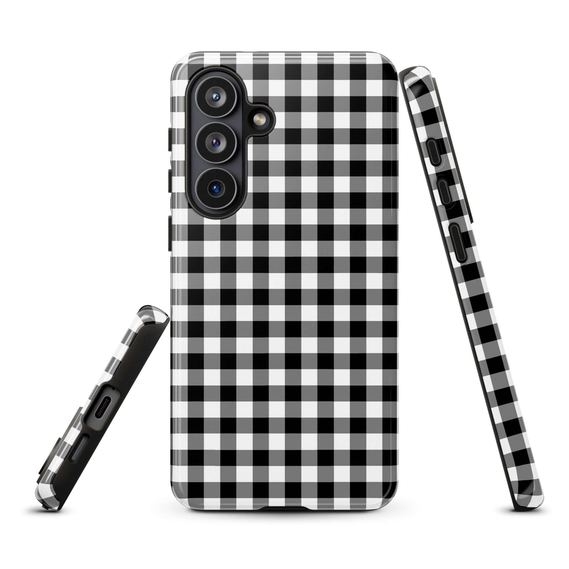 Phone Case for Samsung Galaxy with black-and-white gingham pattern offering style and protection.