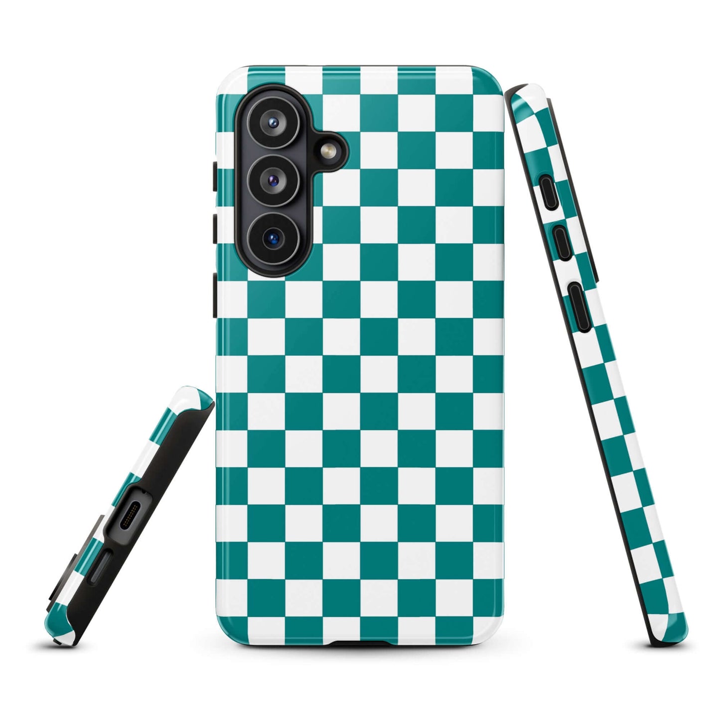 Phone Case for Samsung Galaxy with teal and white checkered design, bold pattern, adds playful style to your phone.