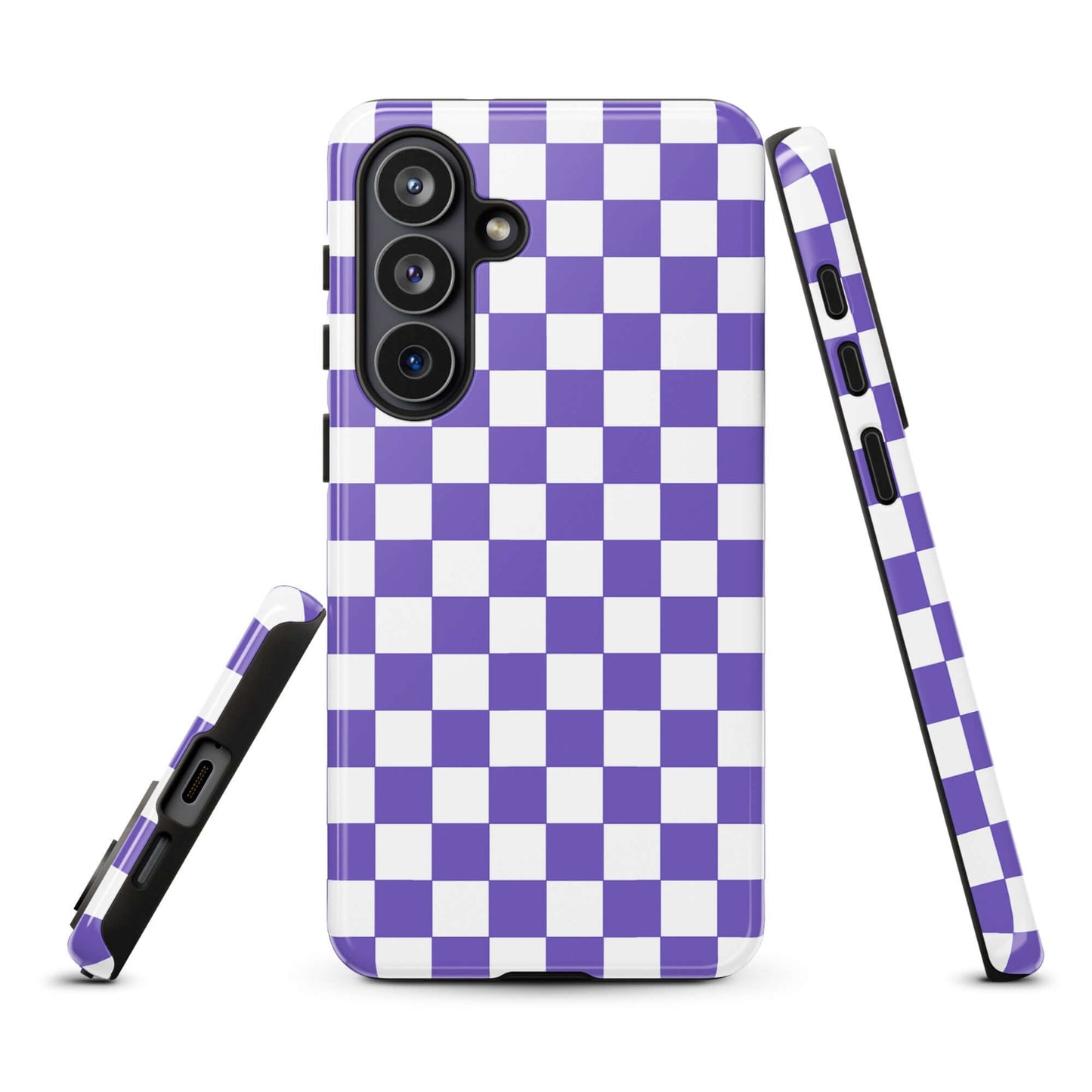 Purple and white checkered Phone Case for Samsung Galaxy, stylish accessory for a playful look.