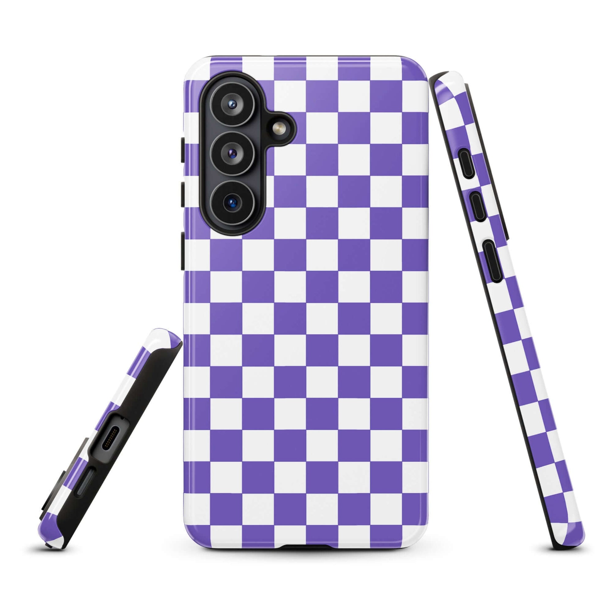 Purple and white checkered Phone Case for Samsung Galaxy, stylish accessory for a playful look.