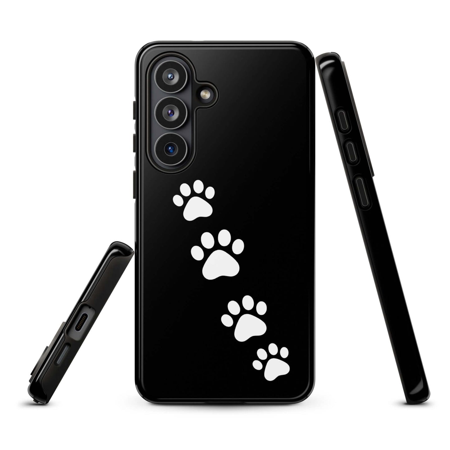 Phone case for Samsung Galaxy with white paw-print trail design, perfect for playful pet lovers.