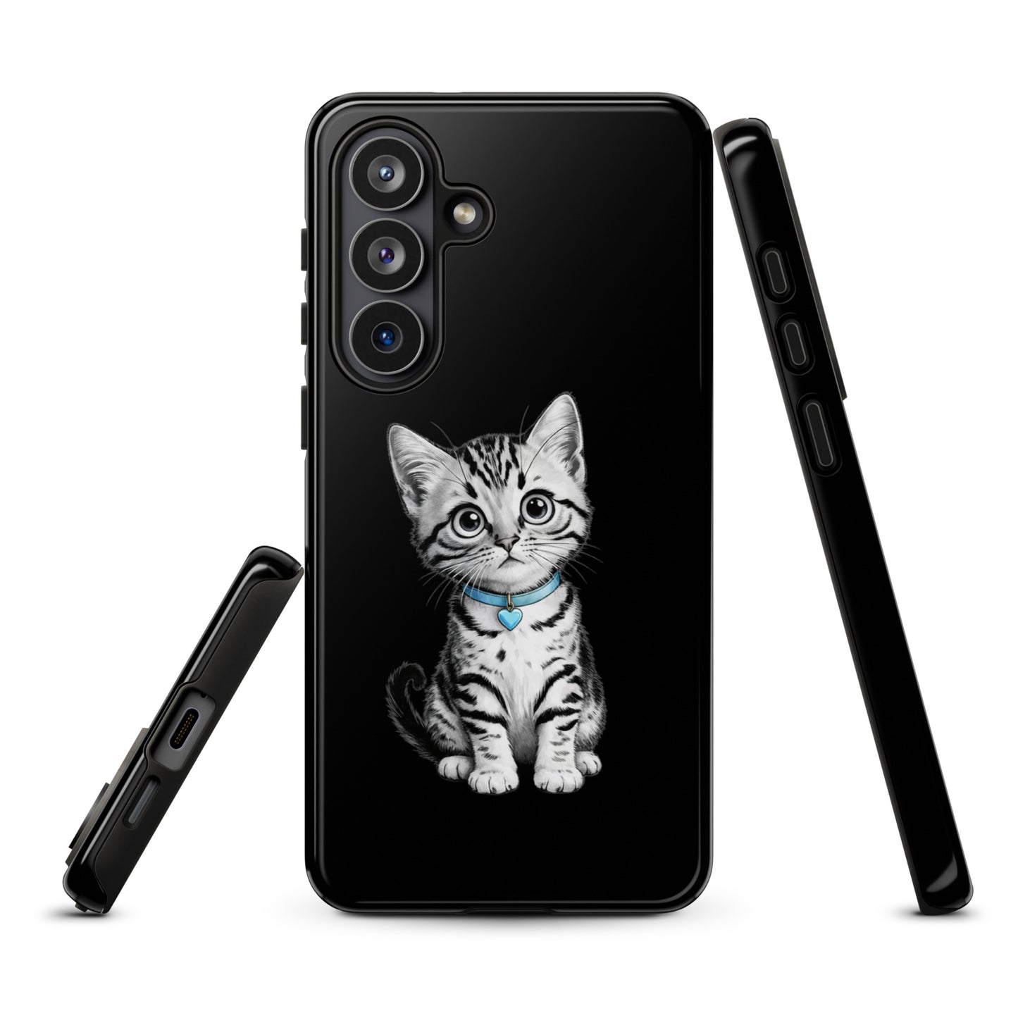 Phone Case for Samsung Galaxy with kitten sketch and blue heart charm, offering artistic charm and premium protection.