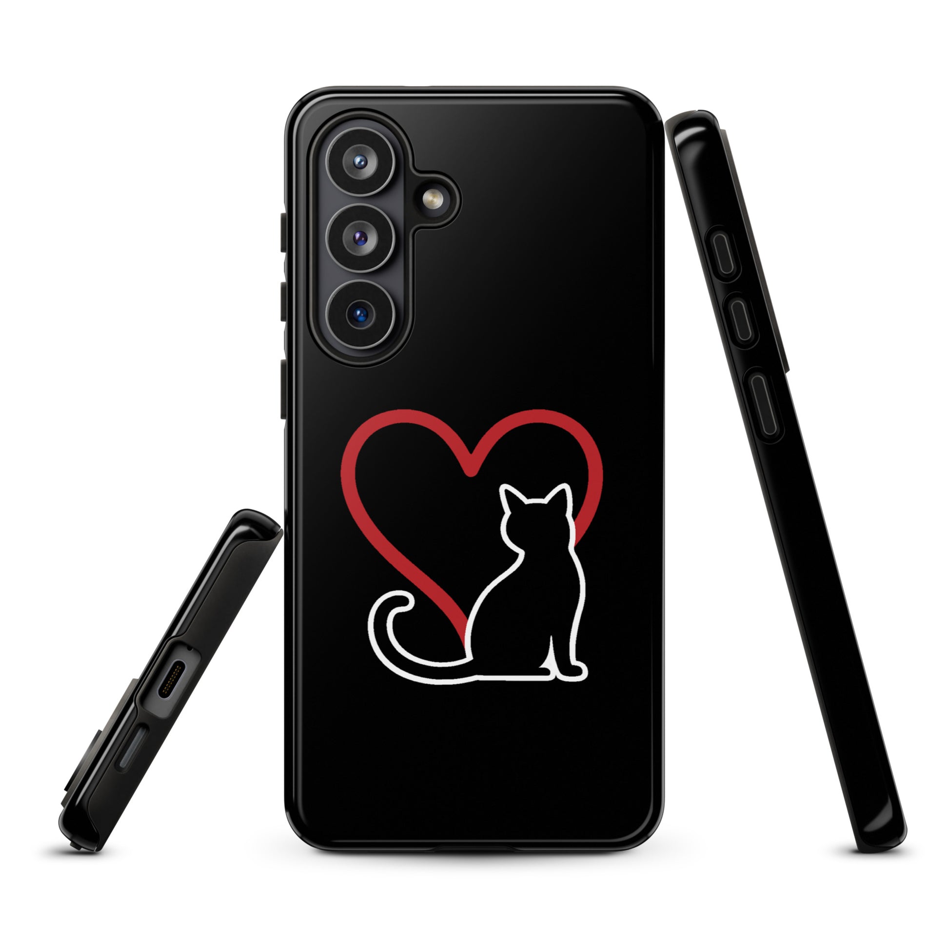Phone Case for Samsung Galaxy featuring a minimalist white cat and red heart design on a black background, perfect for cat lovers.