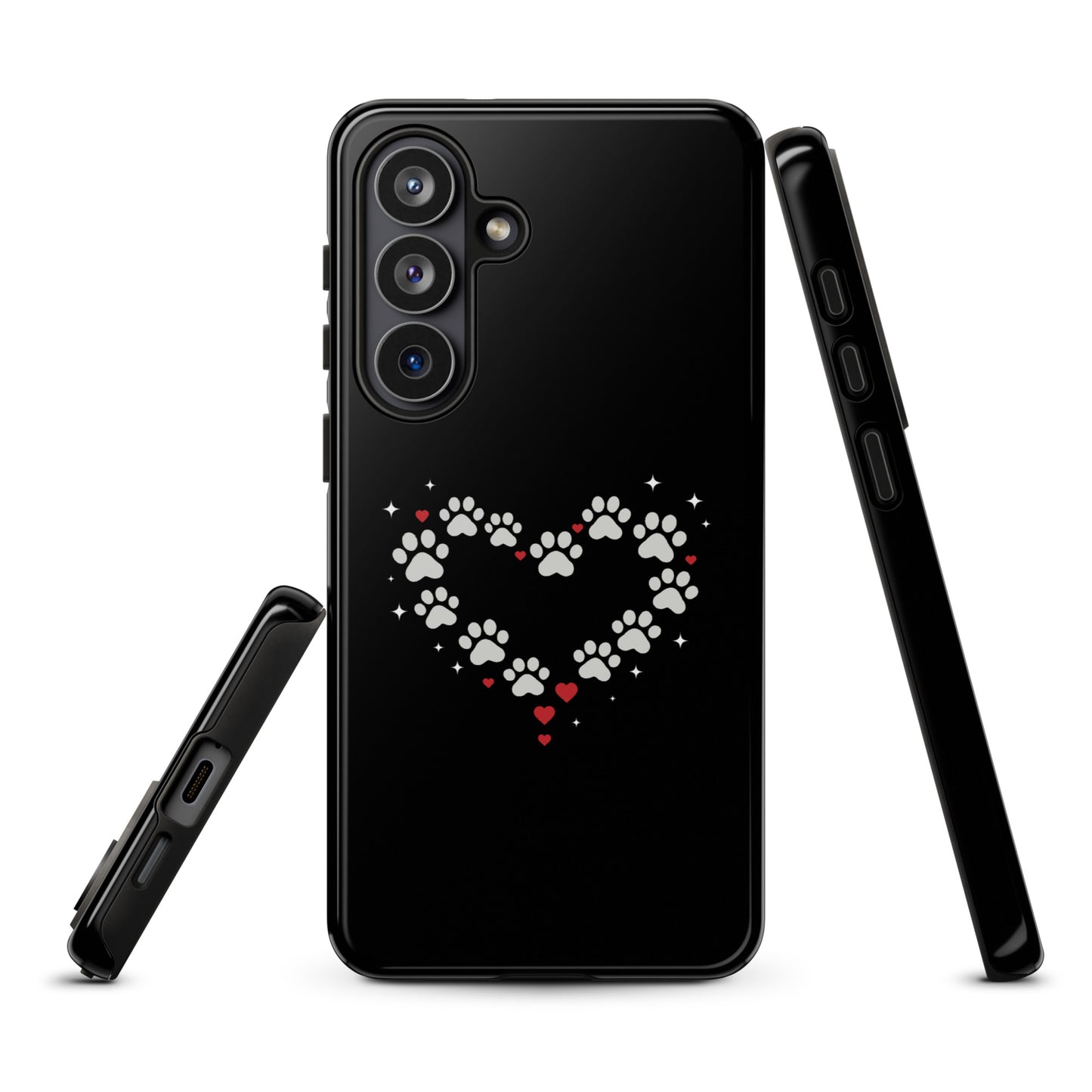 Phone Case for Samsung Galaxy featuring paw-print heart design on black background, showcasing style and luxury, ideal for animal lovers.