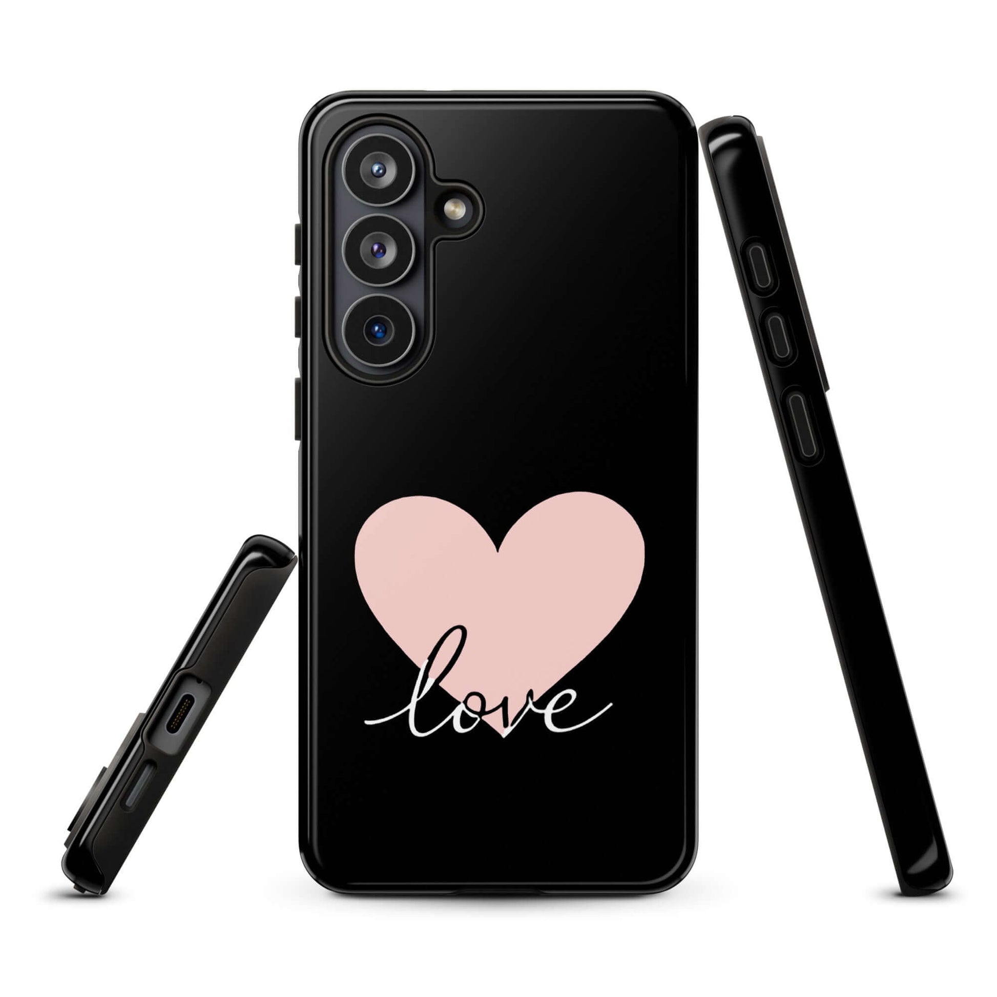 Phone Case Samsung Galaxy with heart and script love design, black cover with pink heart and modern style for romantic appeal.