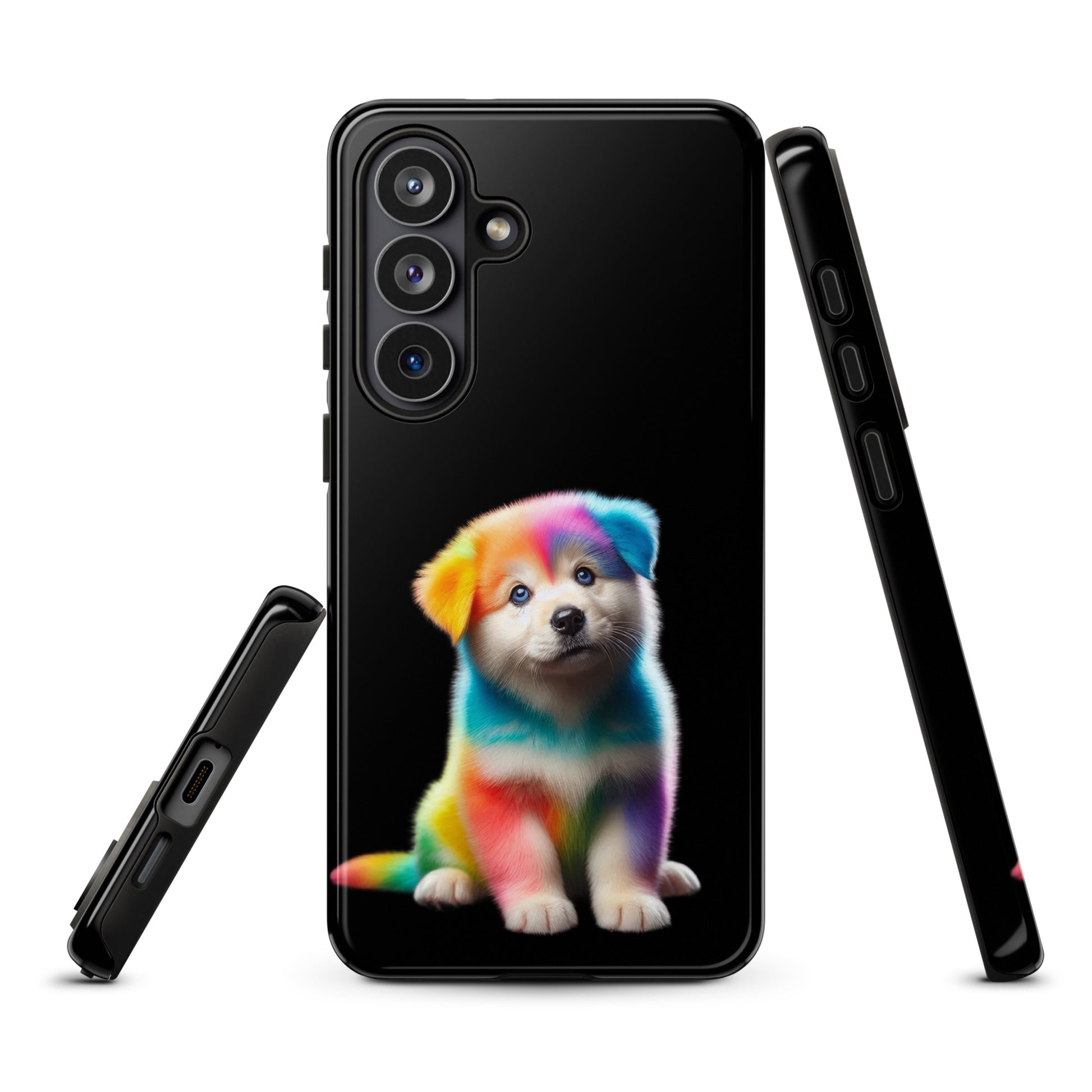 Phone Case for Samsung Galaxy featuring rainbow puppy design on a cosmic night sky background, providing colorful protection for devices.