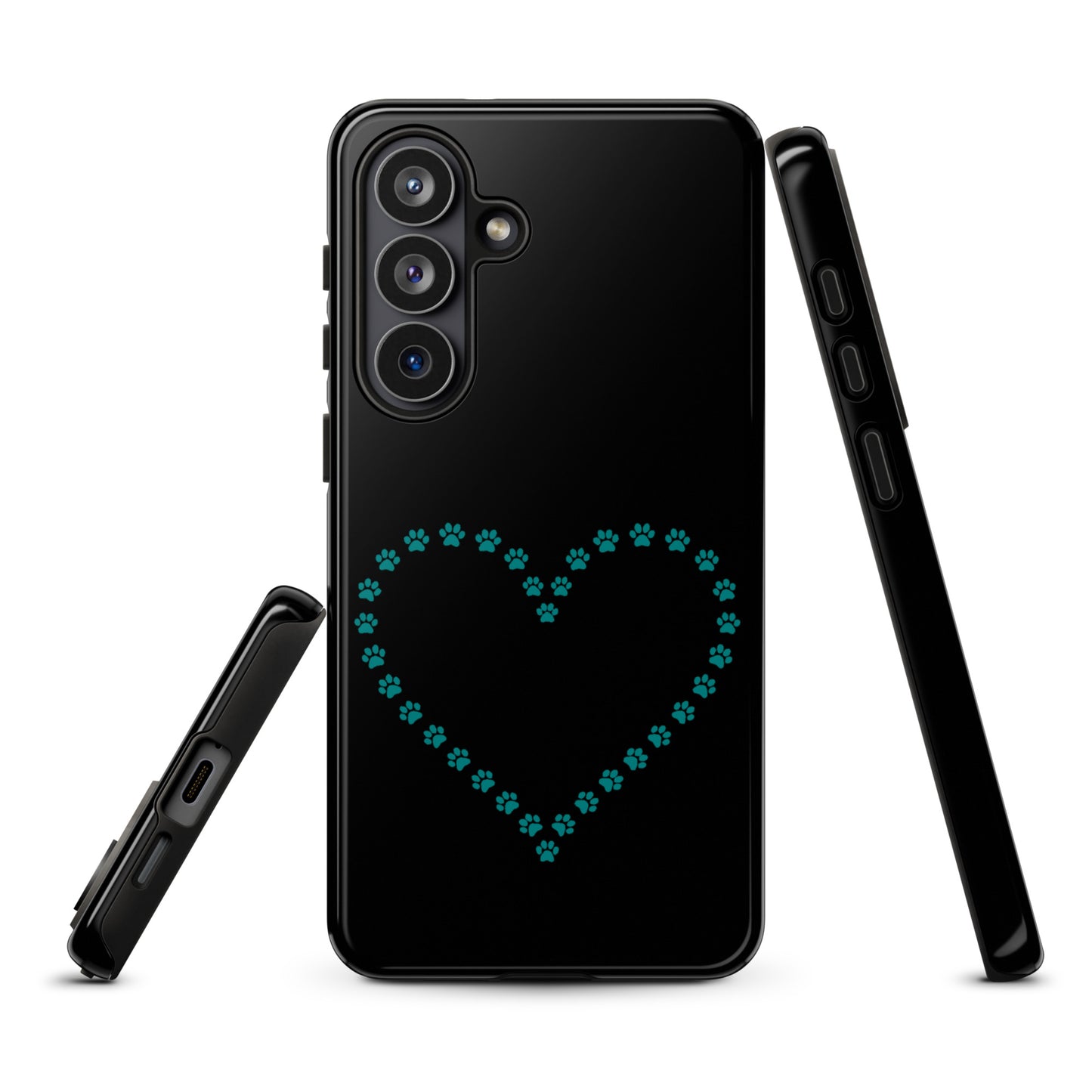 Phone Case for Samsung Galaxy in black with teal paw print heart design for pet lovers, durable protection for cat and dog owners.