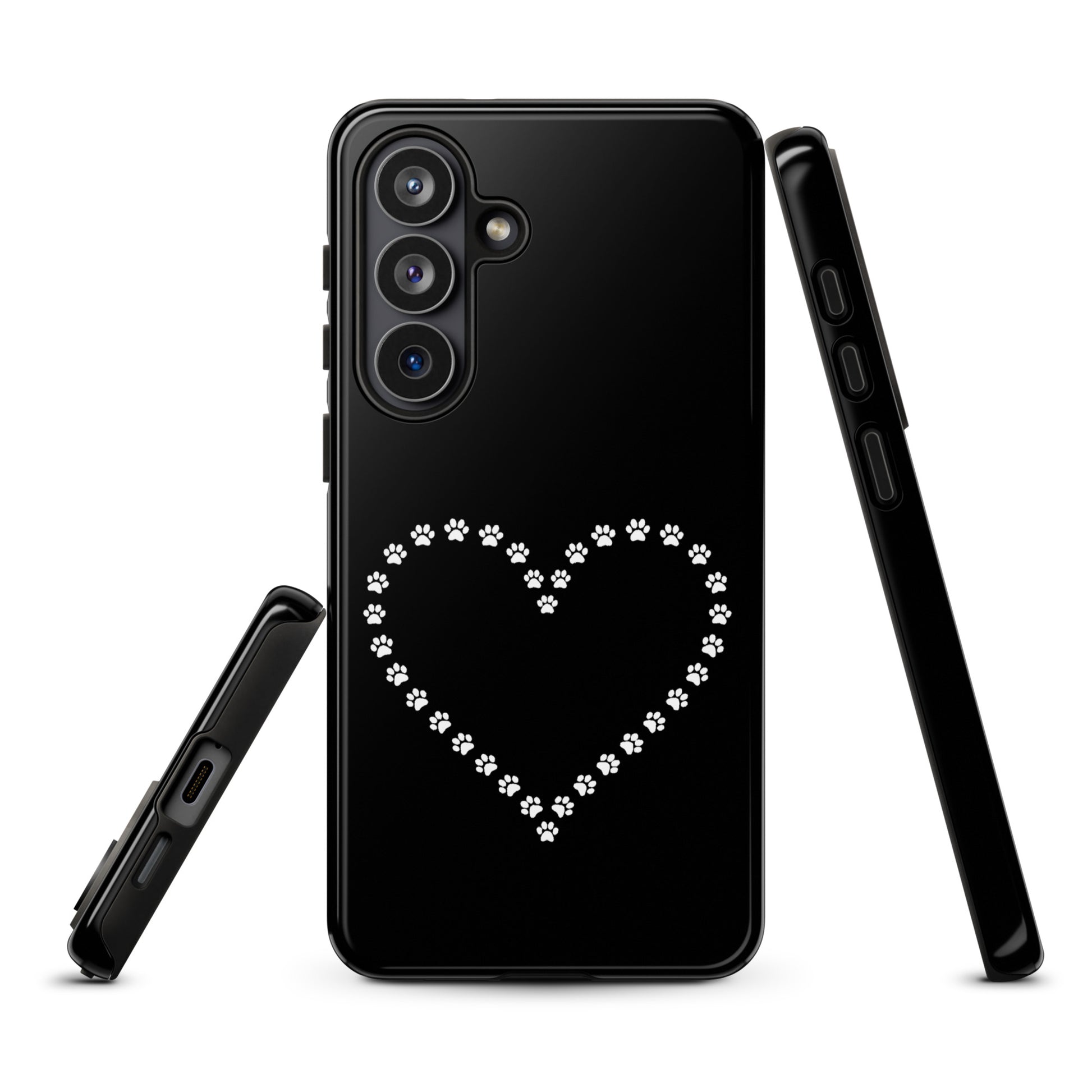 Black Phone Case for Samsung Galaxy with white paw print heart design for pet lovers.