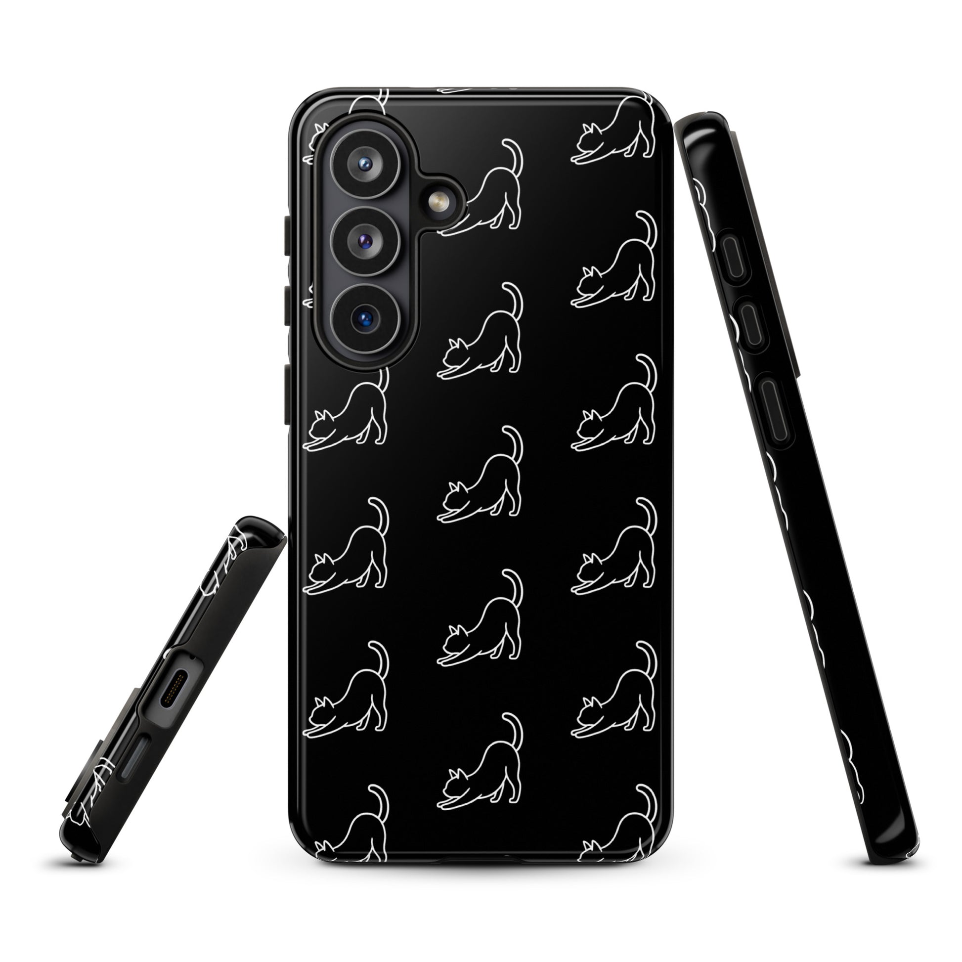 Phone Case for Samsung Galaxy with minimalist stretching cat pattern, featuring sleek design and enhanced protection.