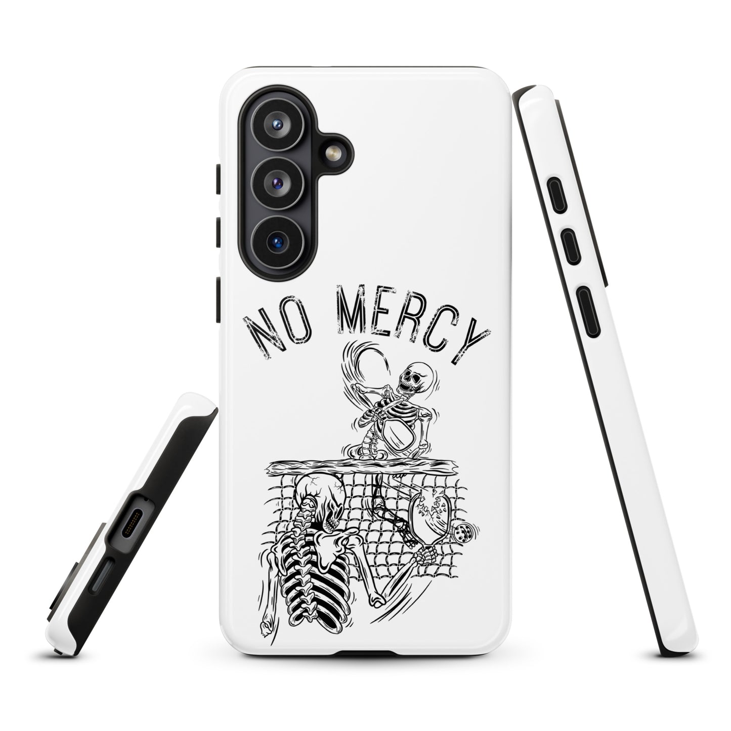 Pickleball Samsung Galaxy Case with 'No Mercy' design showing skeletons on a white background.