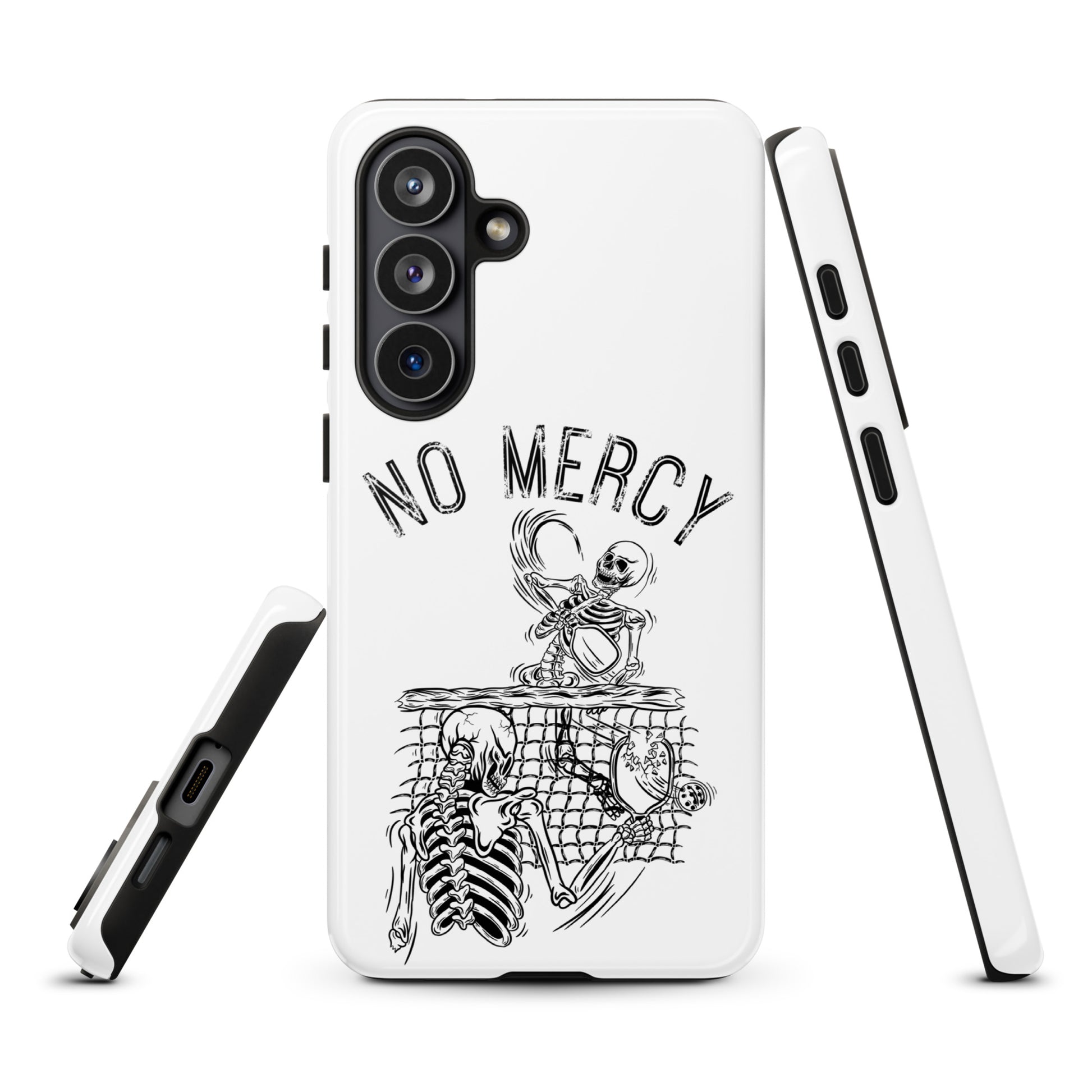 Pickleball Samsung Galaxy Case with 'No Mercy' design showing skeletons on a white background.