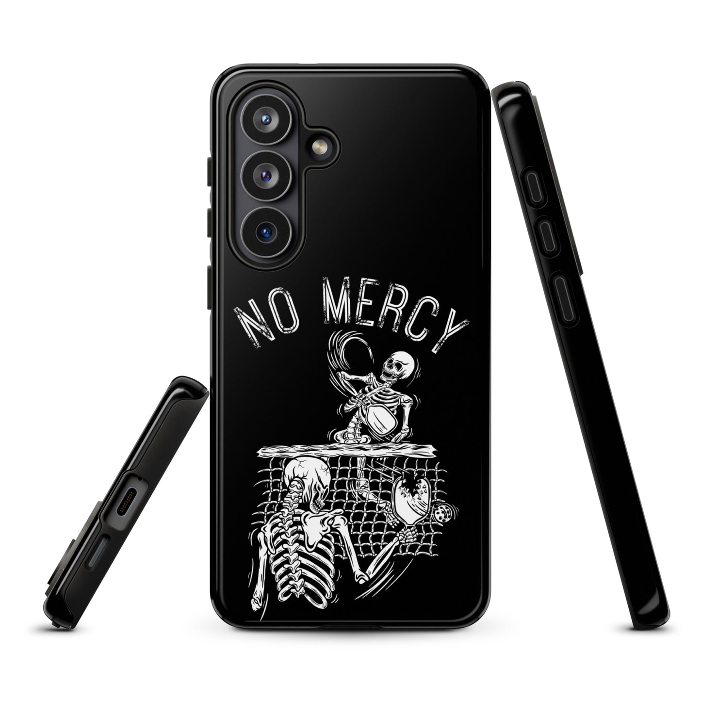 Pickleball Samsung Galaxy case with No Mercy design, featuring skeleton artwork, perfect for aggressive players on the court.
