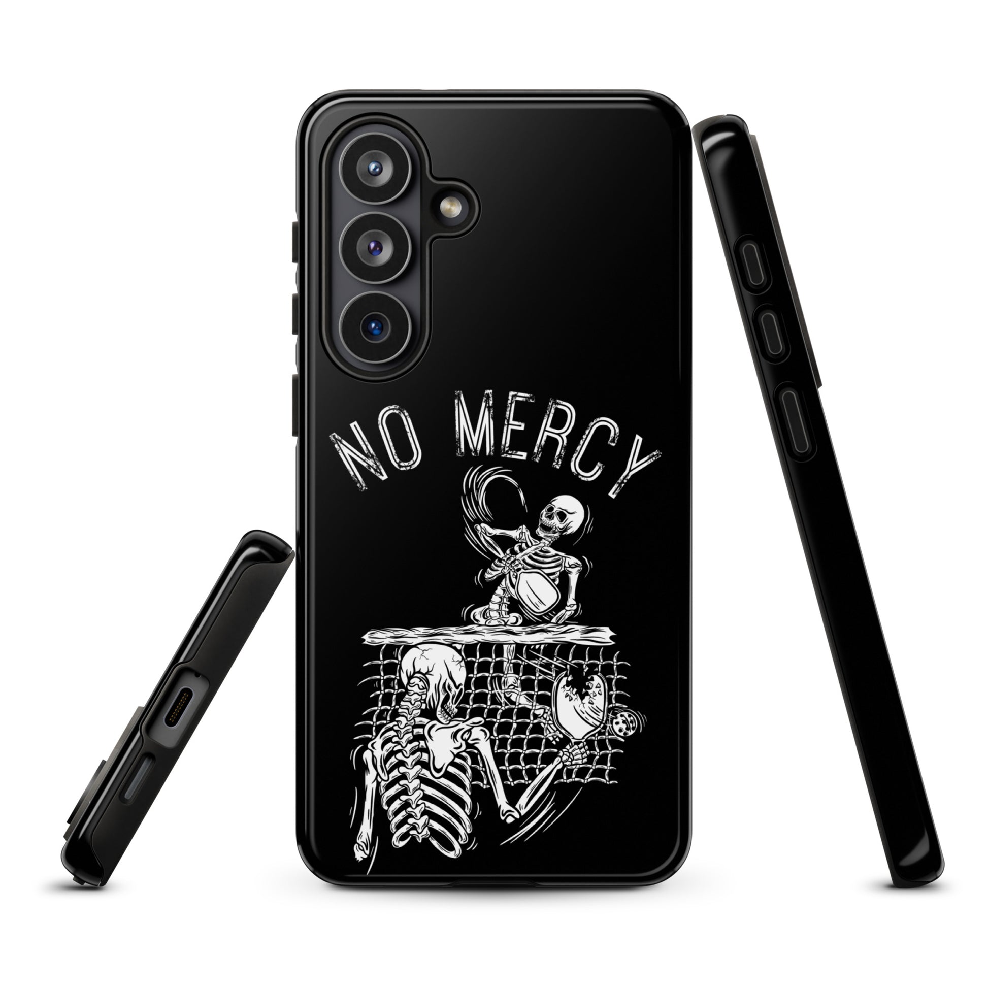 Pickleball Samsung Galaxy case with No Mercy design, featuring skeleton artwork, perfect for aggressive players on the court.