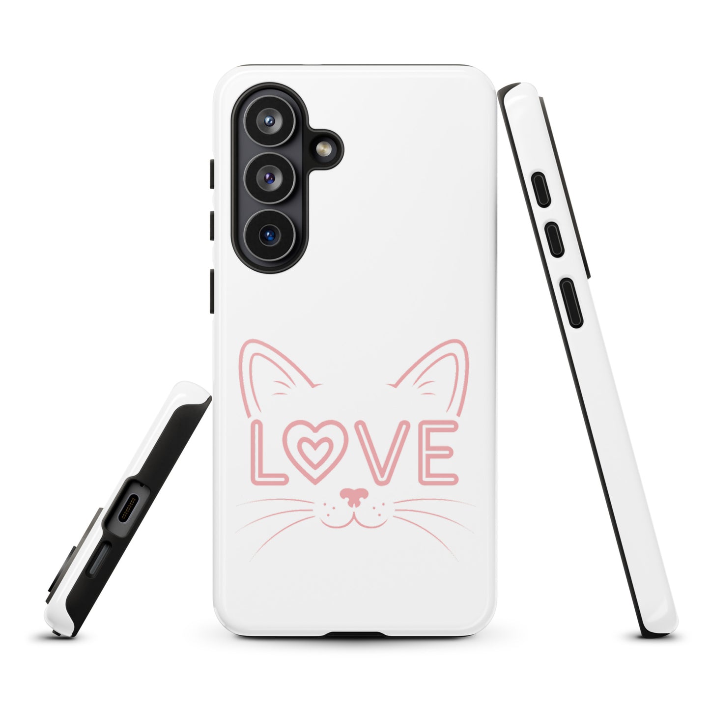 Cat Love phone case for Samsung Galaxy with minimalist cat face and 'love' design, stylish and protective accessory for feline fans.