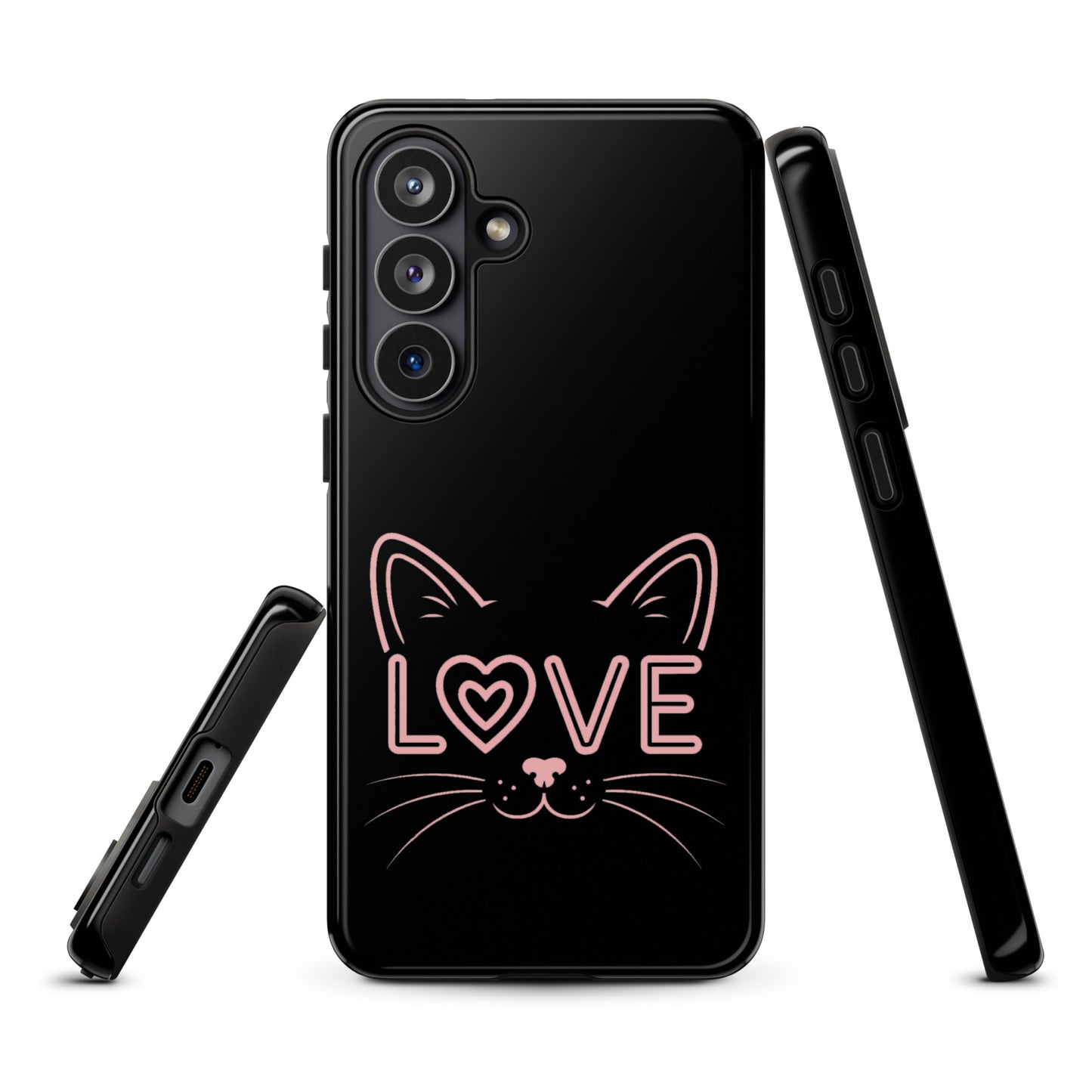 Cat Love phone case for Samsung Galaxy featuring minimalist cat face design with 'love' lettering in pink, protective and stylish.
