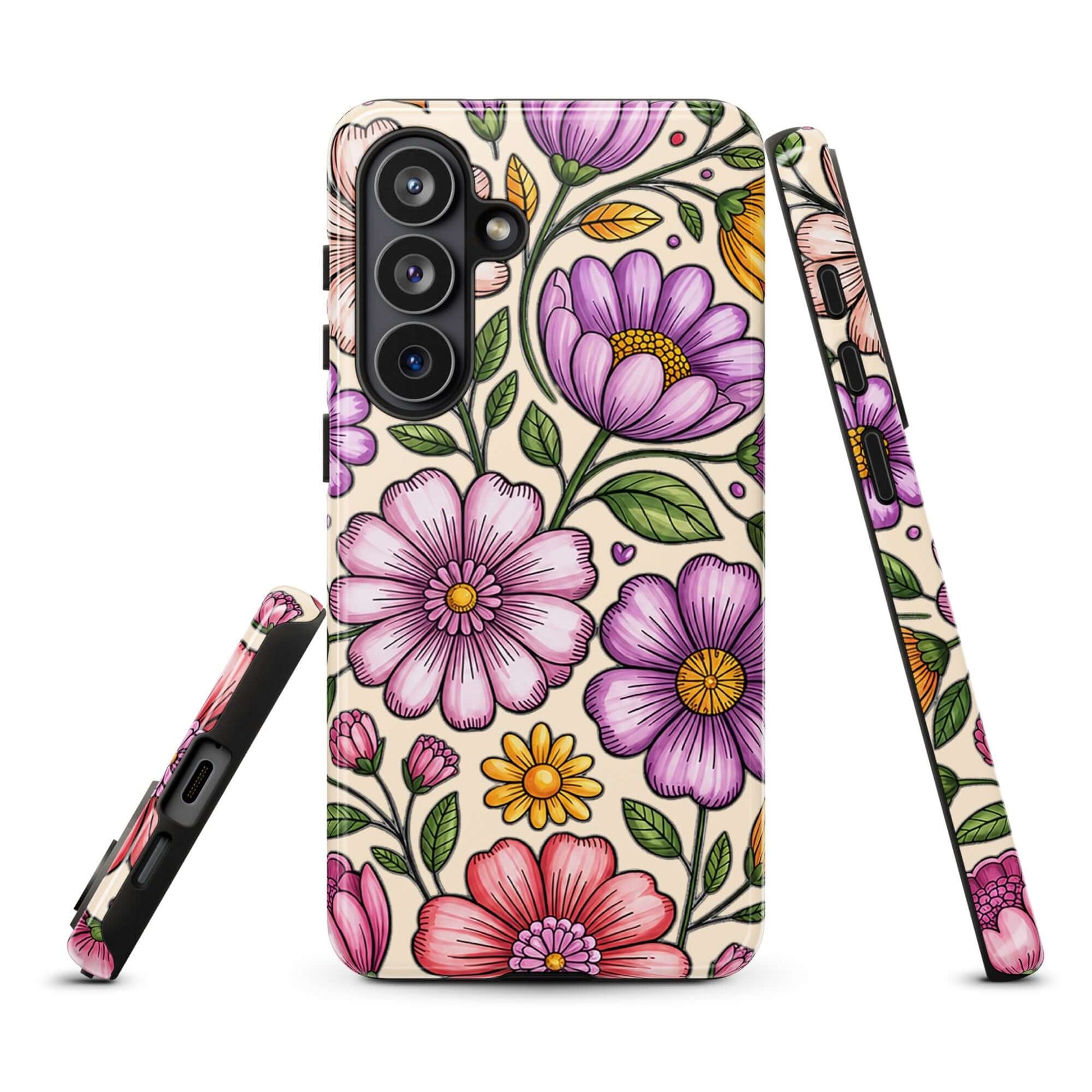 Phone Case for Samsung Galaxy with pastel floral design showcasing pink, peach, lavender, and yellow flowers for a cheerful charm.
