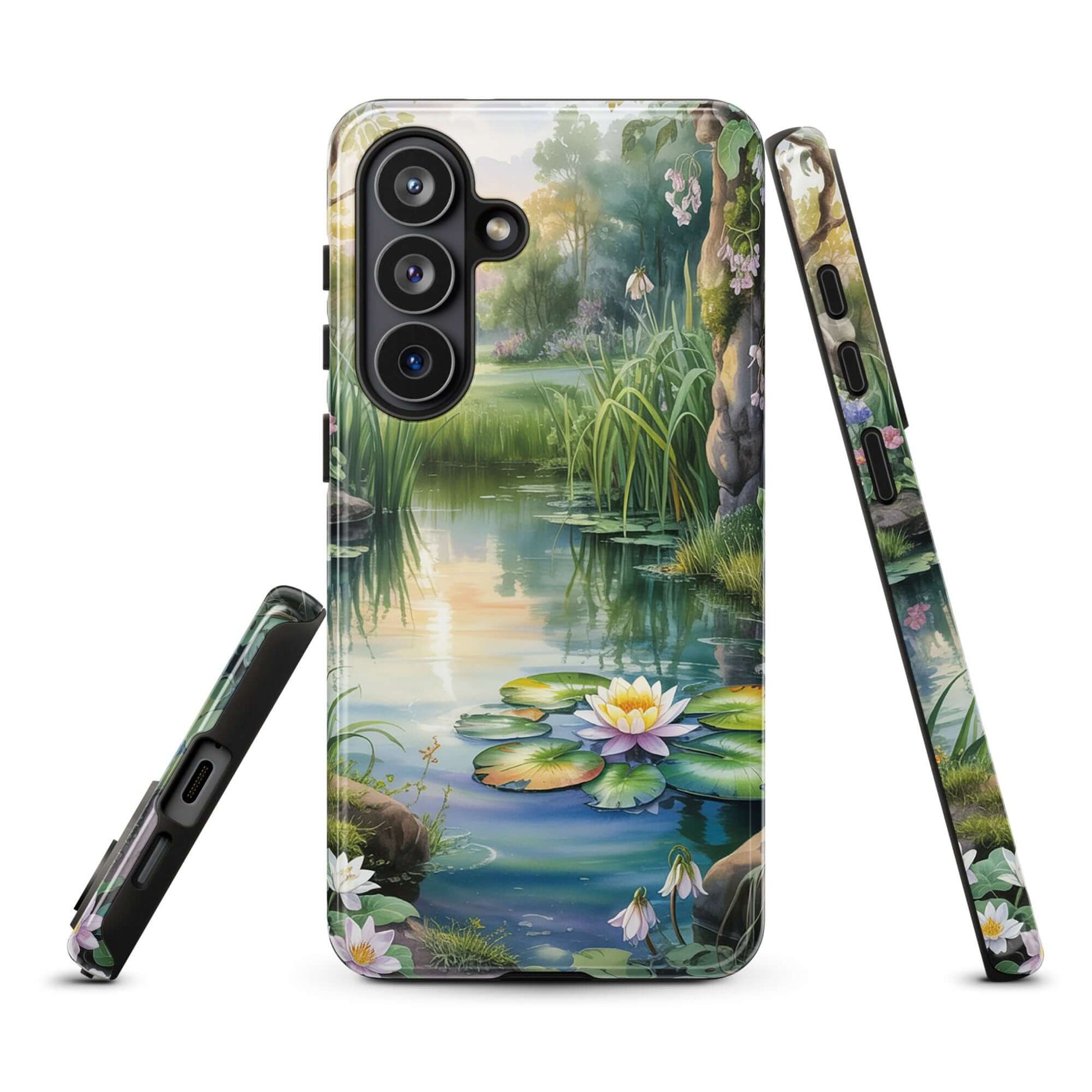 Phone Case for Samsung Galaxy with enchanted pond design, featuring water lilies and soft sunset light, creating a peaceful escape.