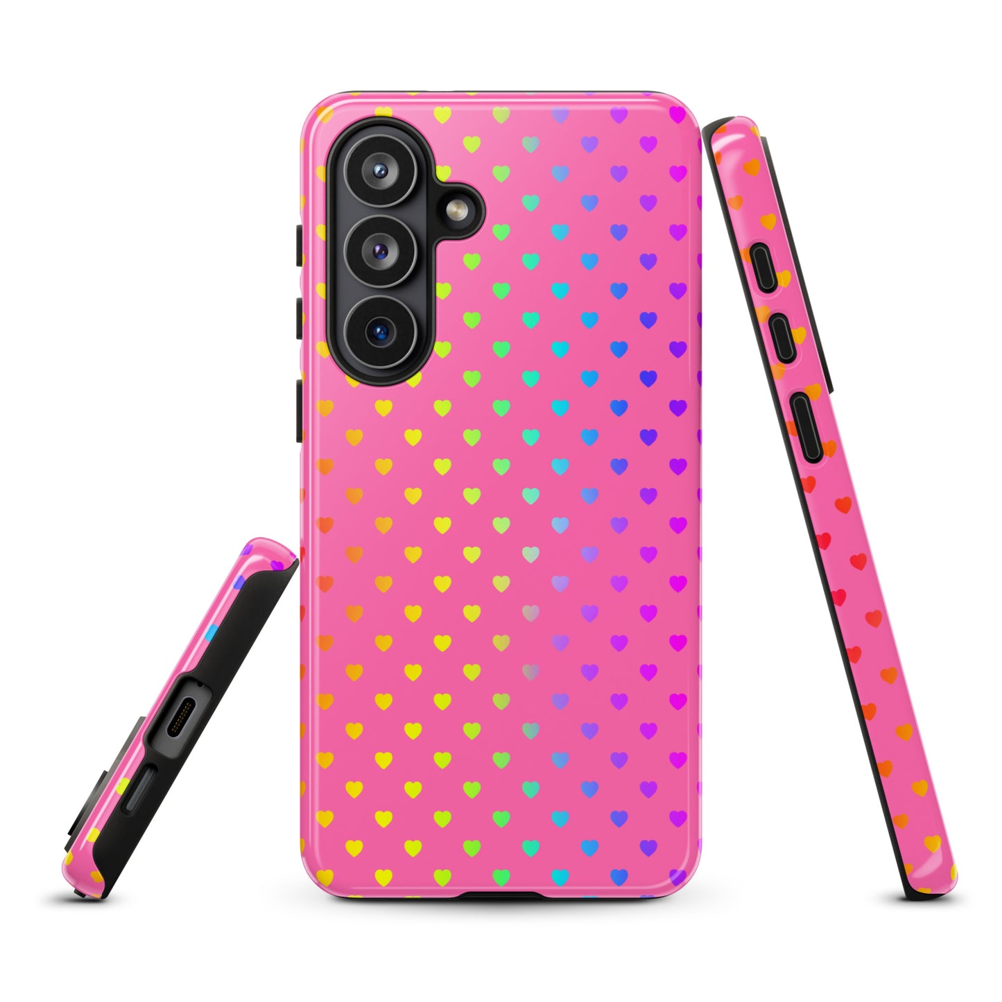 Phone case for Samsung Galaxy with rainbow hearts and pink background, showcasing colorful design for a cheerful look.