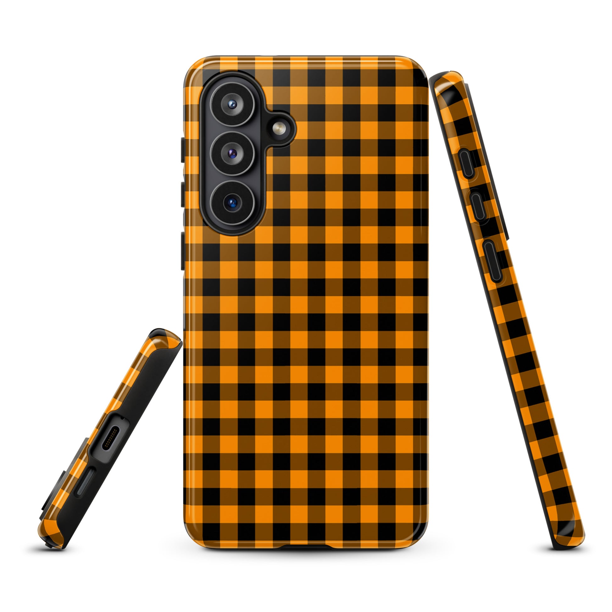Stylish phone case for Samsung Galaxy with black-and-orange gingham autumn theme pattern, offering durability and chic design.