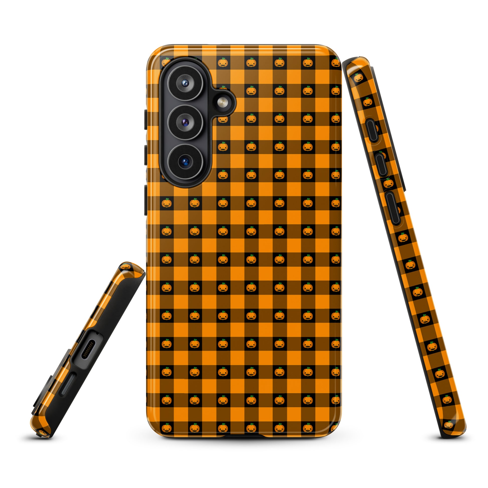 Phone Case for Samsung Galaxy with playful pumpkin gingham Halloween design, featuring cute jack-o’-lantern pattern.