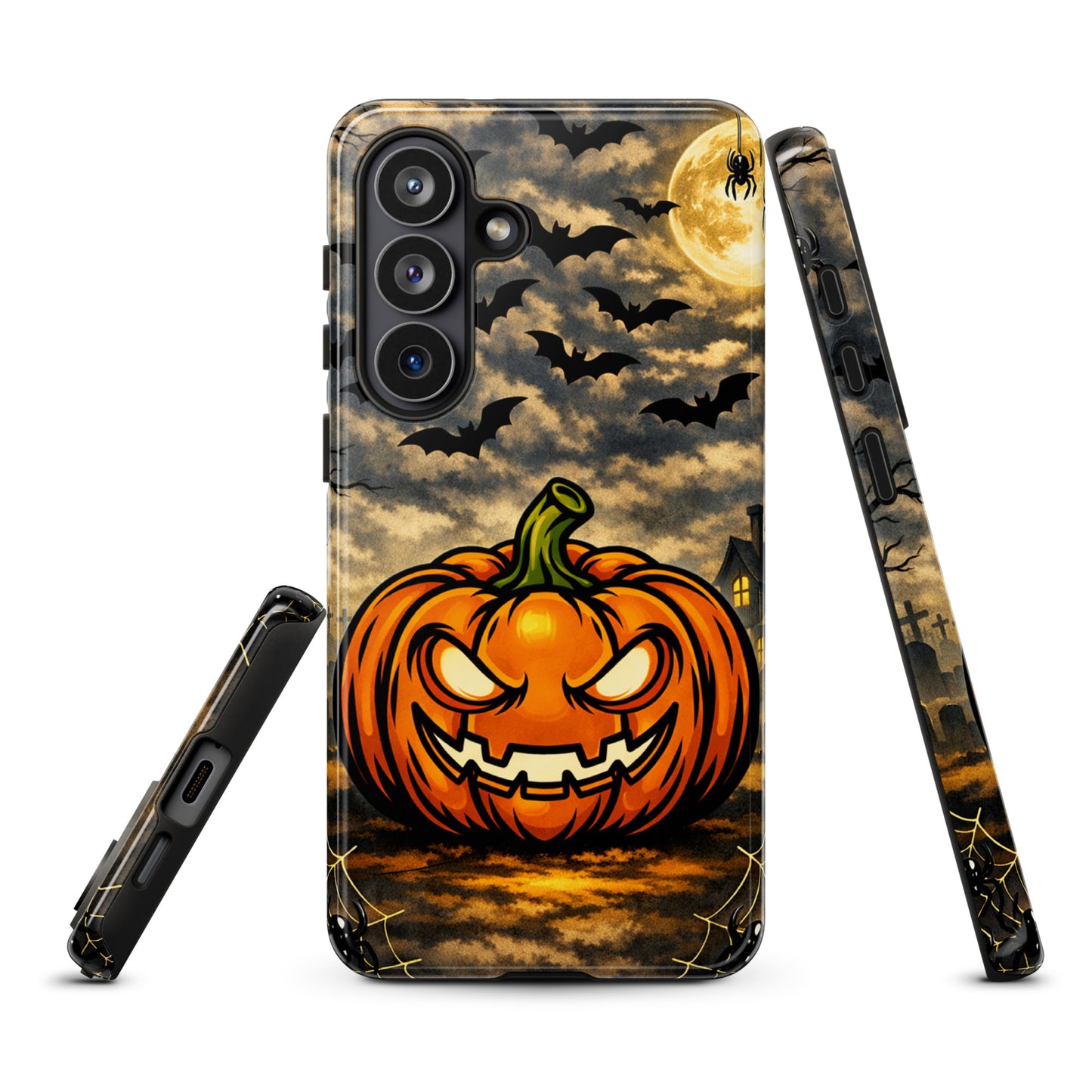Phone Case for Samsung Galaxy with haunted pumpkin, bats, and moonlit Halloween scene design.