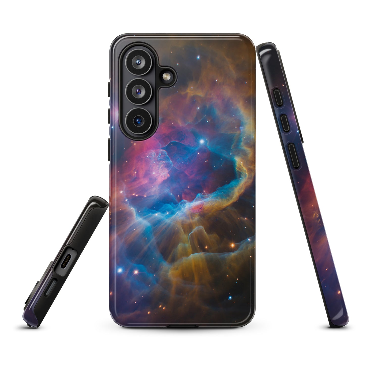 Phone Case for Samsung Galaxy with nebula cosmic design and starburst colors in blue, orange, and pink.
