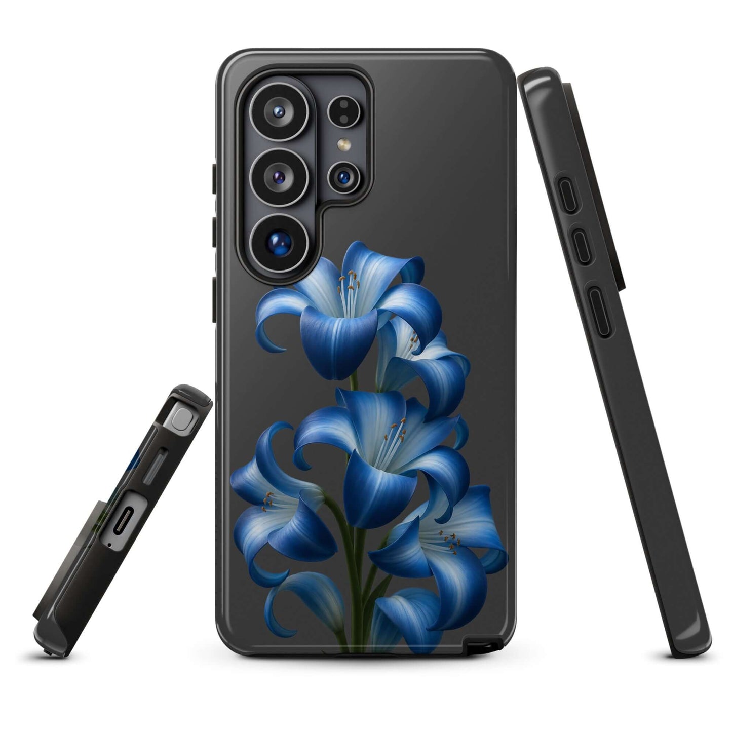 Phone Case for Samsung Galaxy with Blue Lily Bloom Art showcasing vibrant blue flowers on a sleek black protective cover.