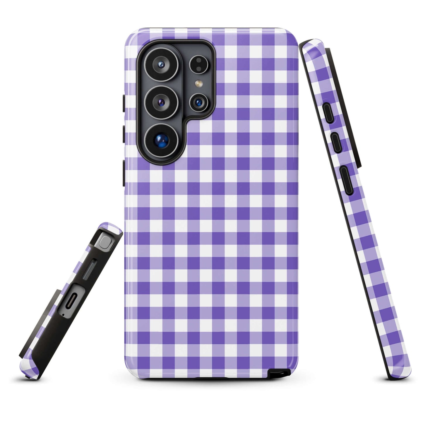 Phone case for Samsung Galaxy with purple gingham pattern, stylish and durable protection accessory.