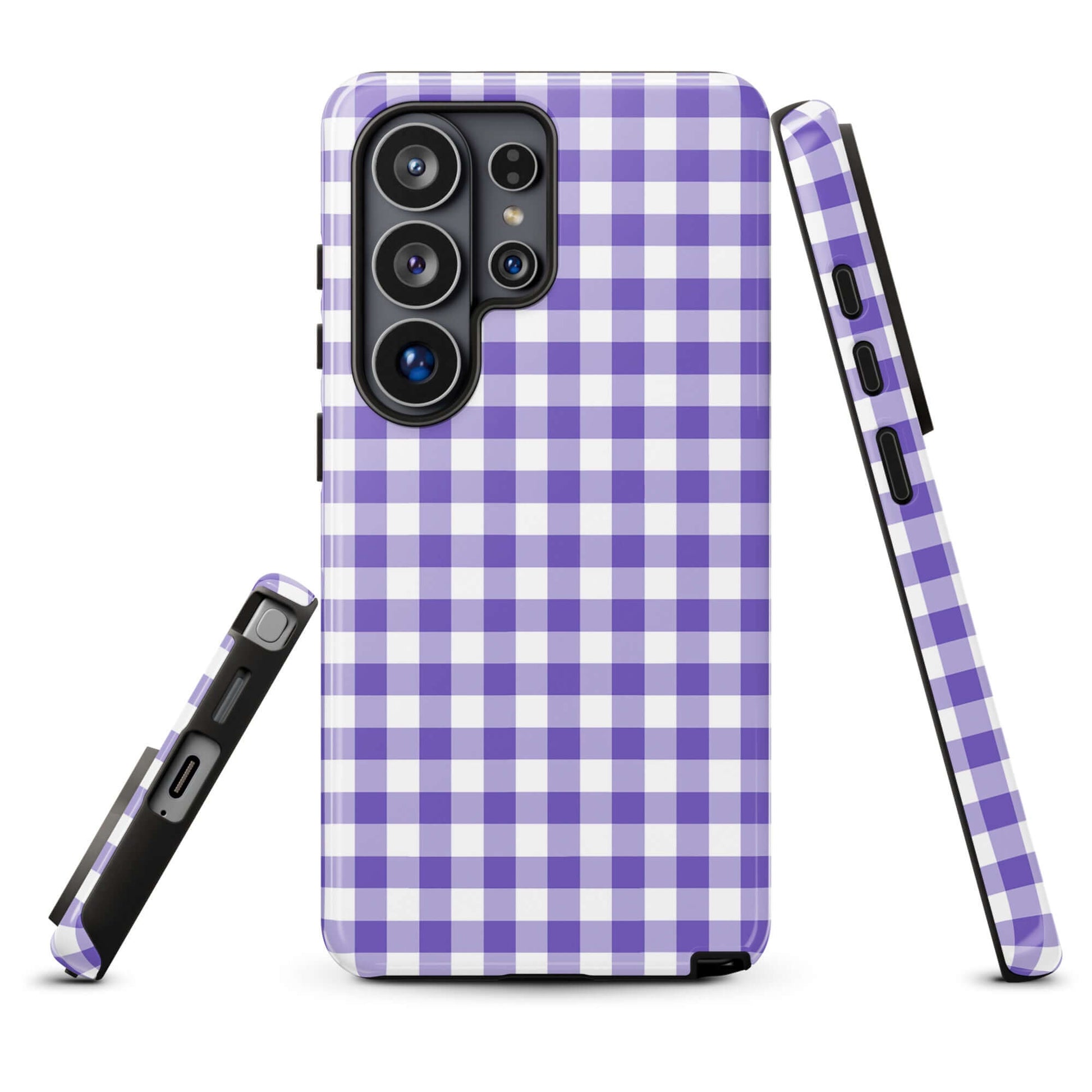 Phone case for Samsung Galaxy with purple gingham pattern, stylish and durable protection accessory.