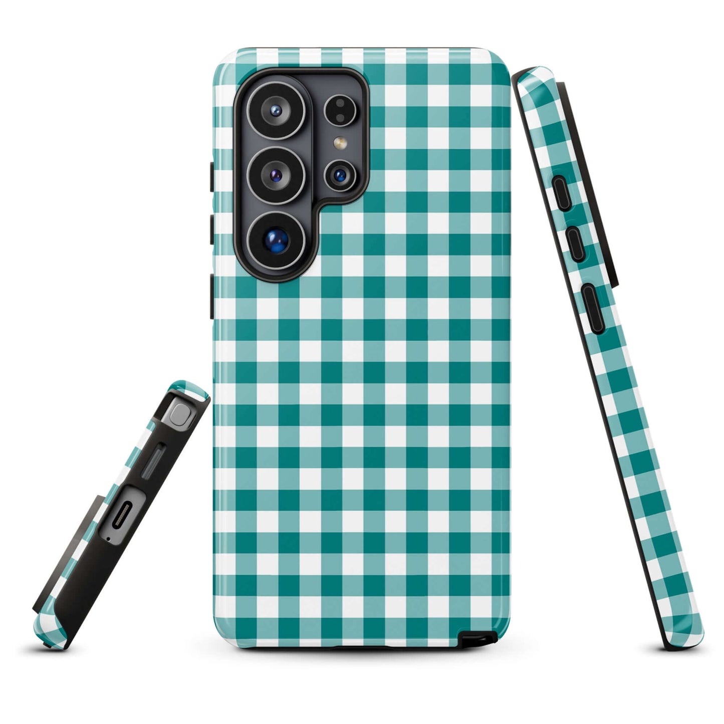 Phone Case for Samsung Galaxy with teal and white gingham pattern; combines style and protection for a chic, durable accessory.