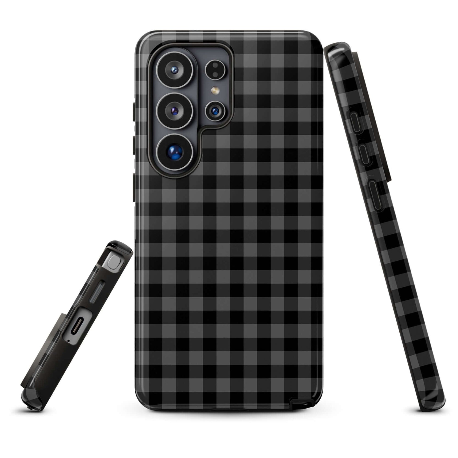 Phone Case for Samsung Galaxy in black-and-charcoal gingham pattern, offering style and protection with upscale craftsmanship.