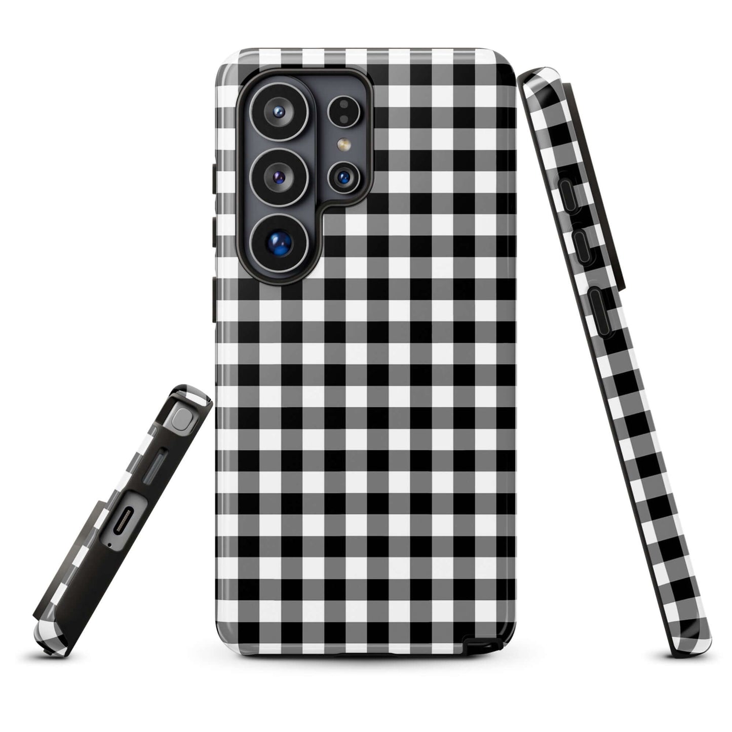 Phone Case for Samsung Galaxy with black-and-white gingham pattern, showcasing stylish design and luxury protection.