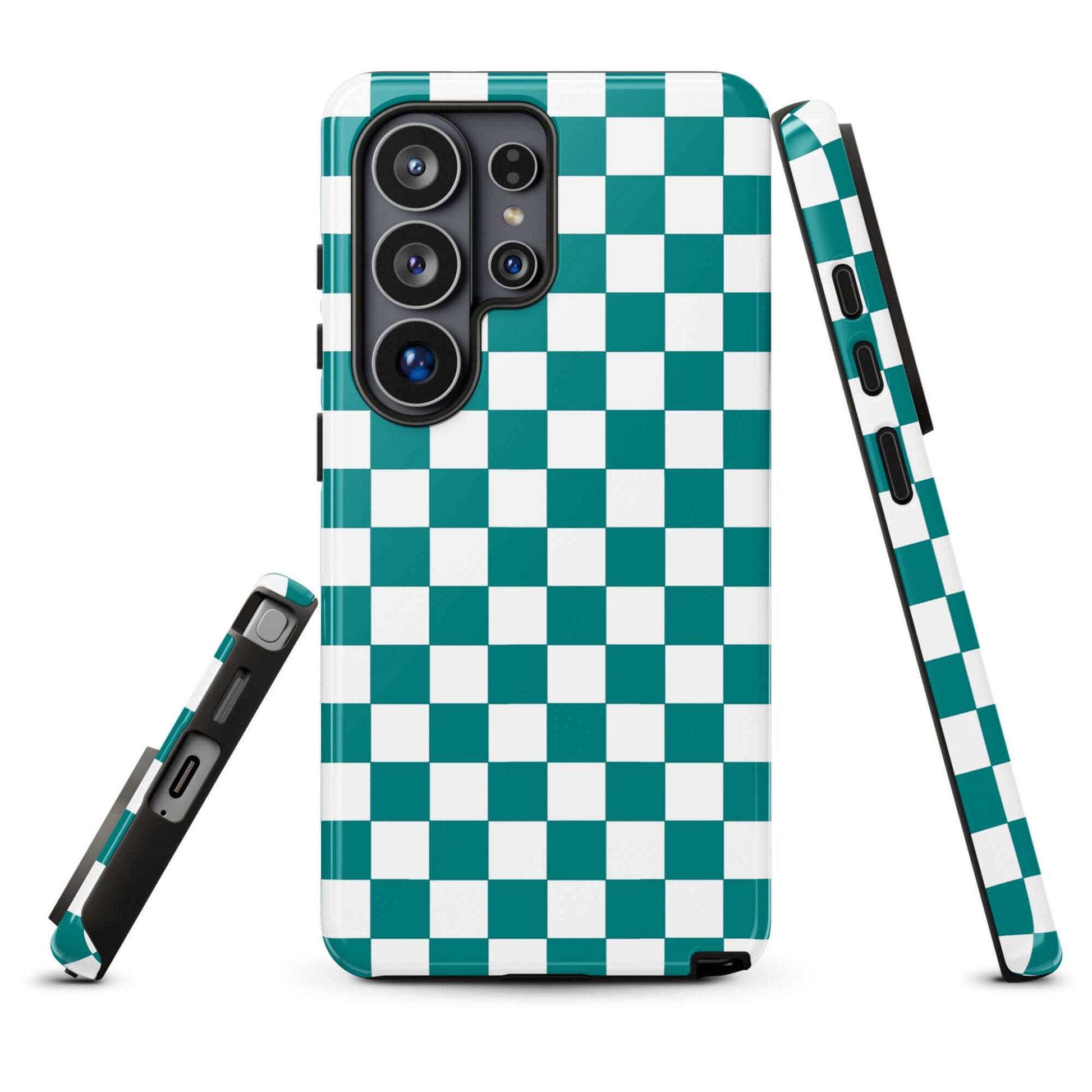 Phone Case for Samsung Galaxy with teal and white checkered design, showing bold and playful style, perfect for fashion-forward users.