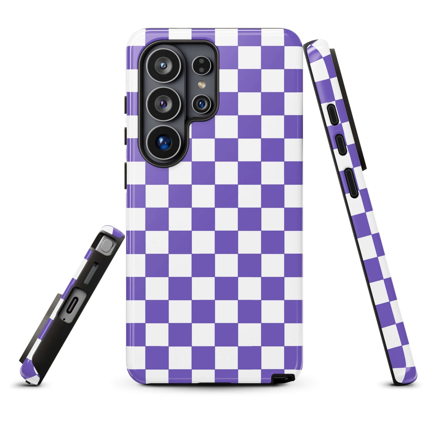 Phone Case for Samsung Galaxy with purple and white checkered design showcasing style and personality.