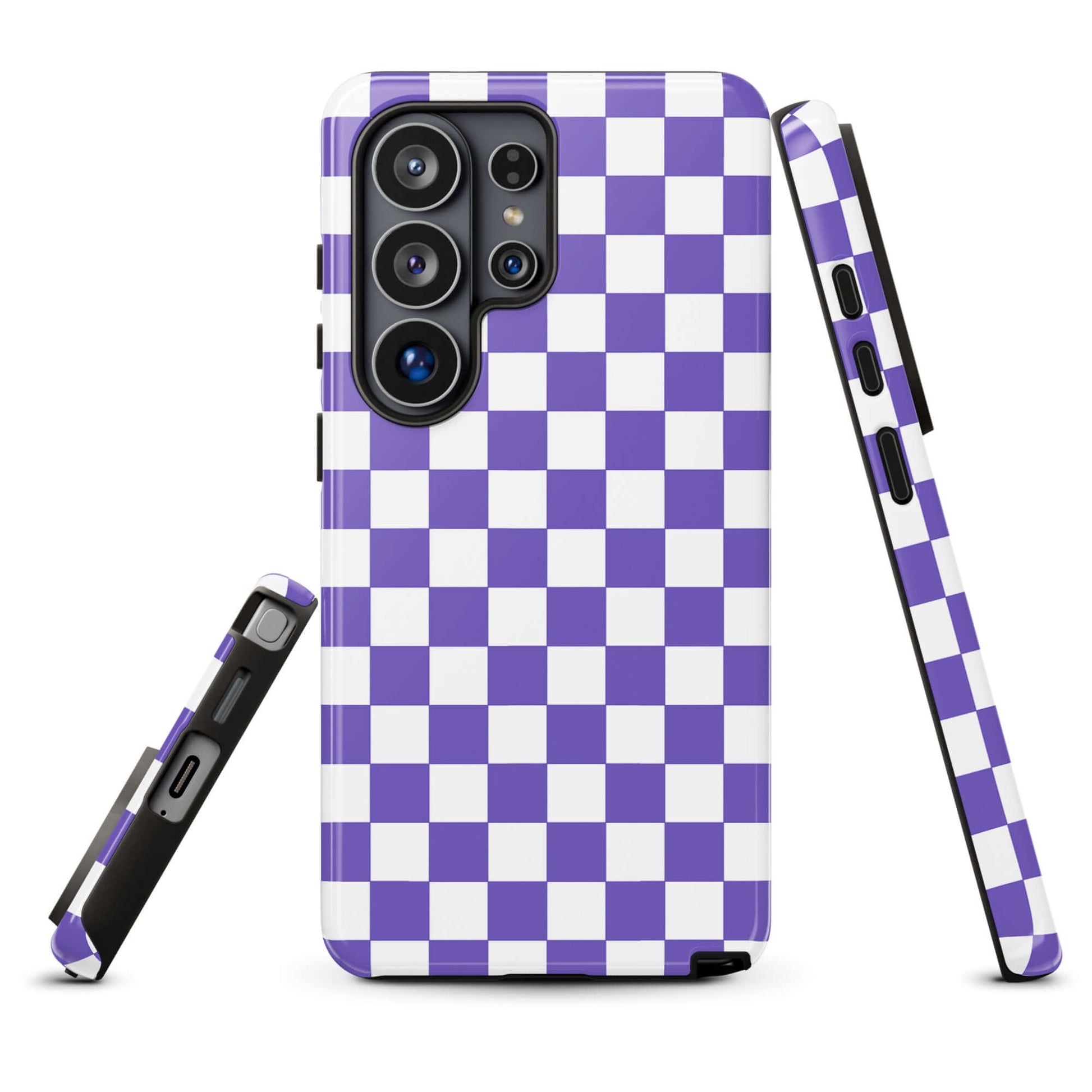 Phone Case for Samsung Galaxy with purple and white checkered design showcasing style and personality.