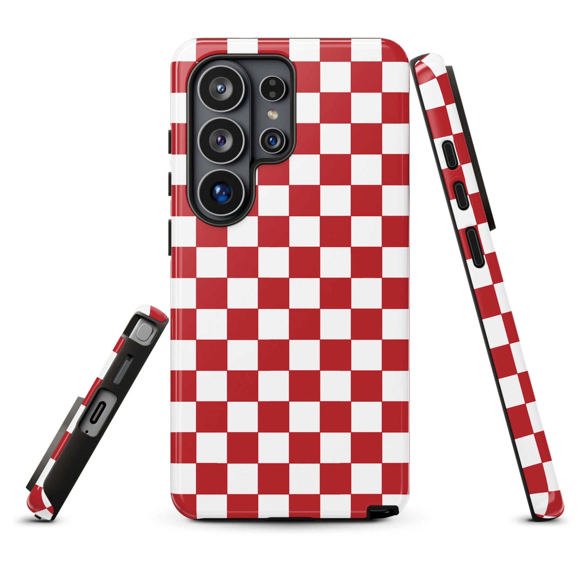 Crimson red checkered design Phone Case for Samsung Galaxy, showcasing bold and playful style.